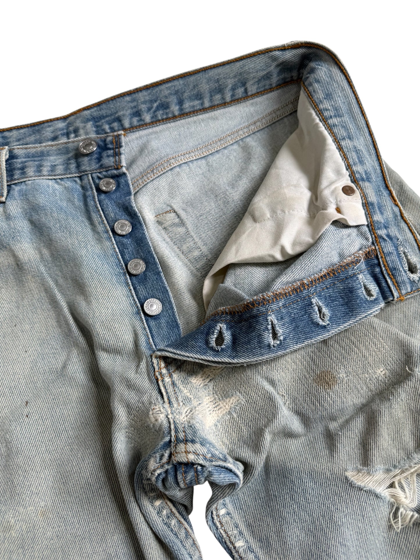 Vintage Levis 501XX Distressed Cropped Jeans Made in USA Light Wash Denim