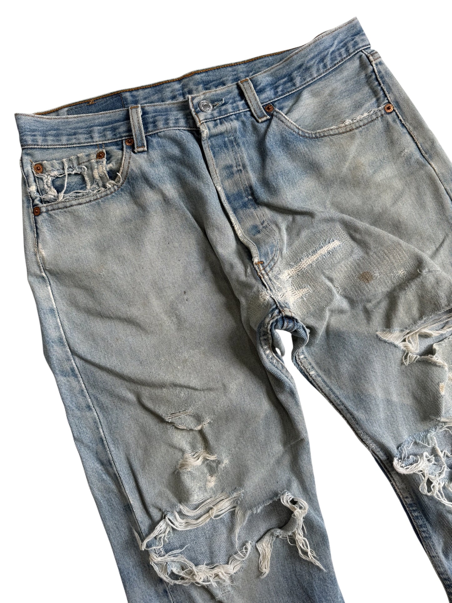 Vintage Levis 501XX Distressed Cropped Jeans Made in USA Light Wash Denim