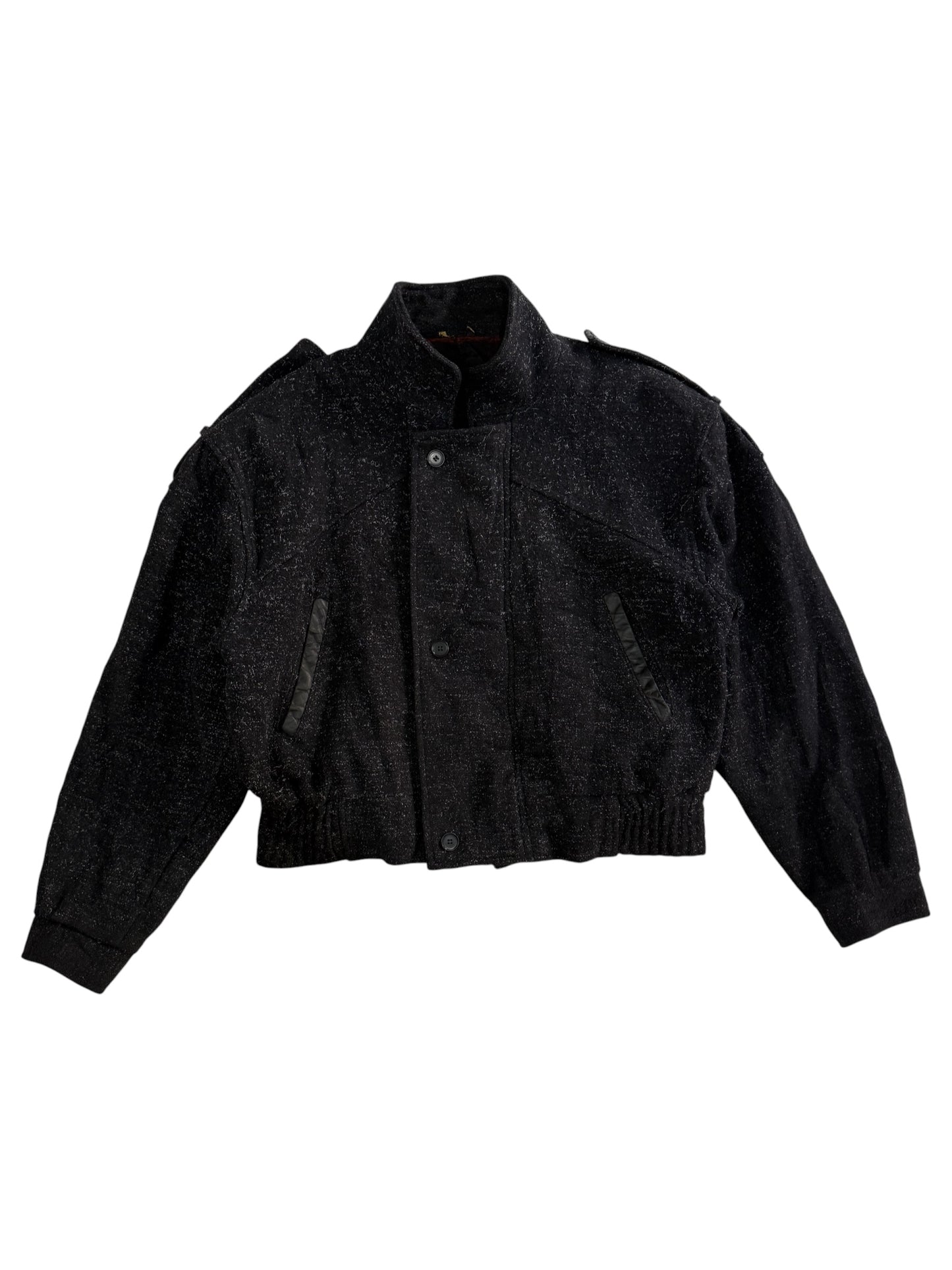 Vintage 80s Tweed Flight Bomber Jacket Salt & Pepper Men Zip Button Epaulets