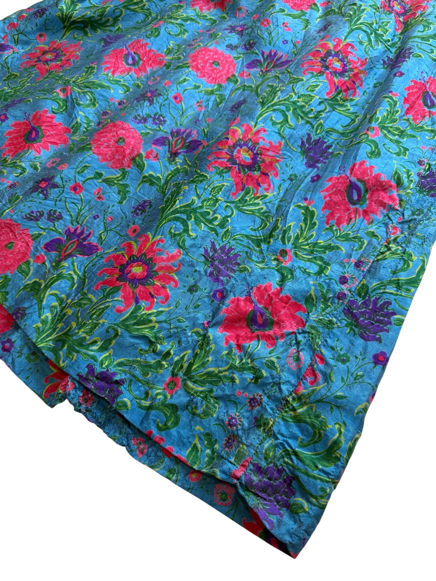 Vintage 1960s James Chen Hong Kong Blue Floral Mock Neck Midi Dress