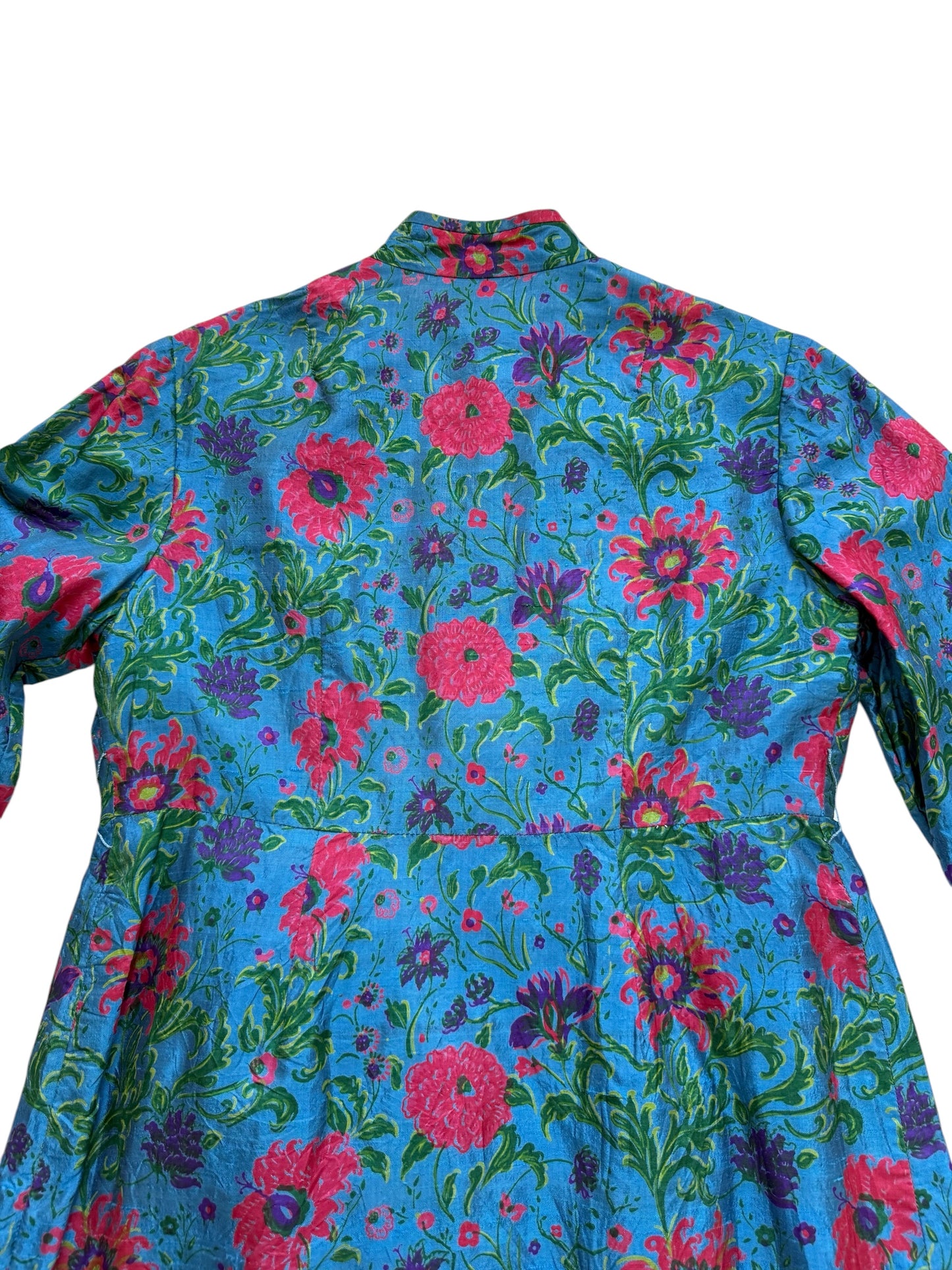 Vintage 1960s James Chen Hong Kong Blue Floral Mock Neck Midi Dress