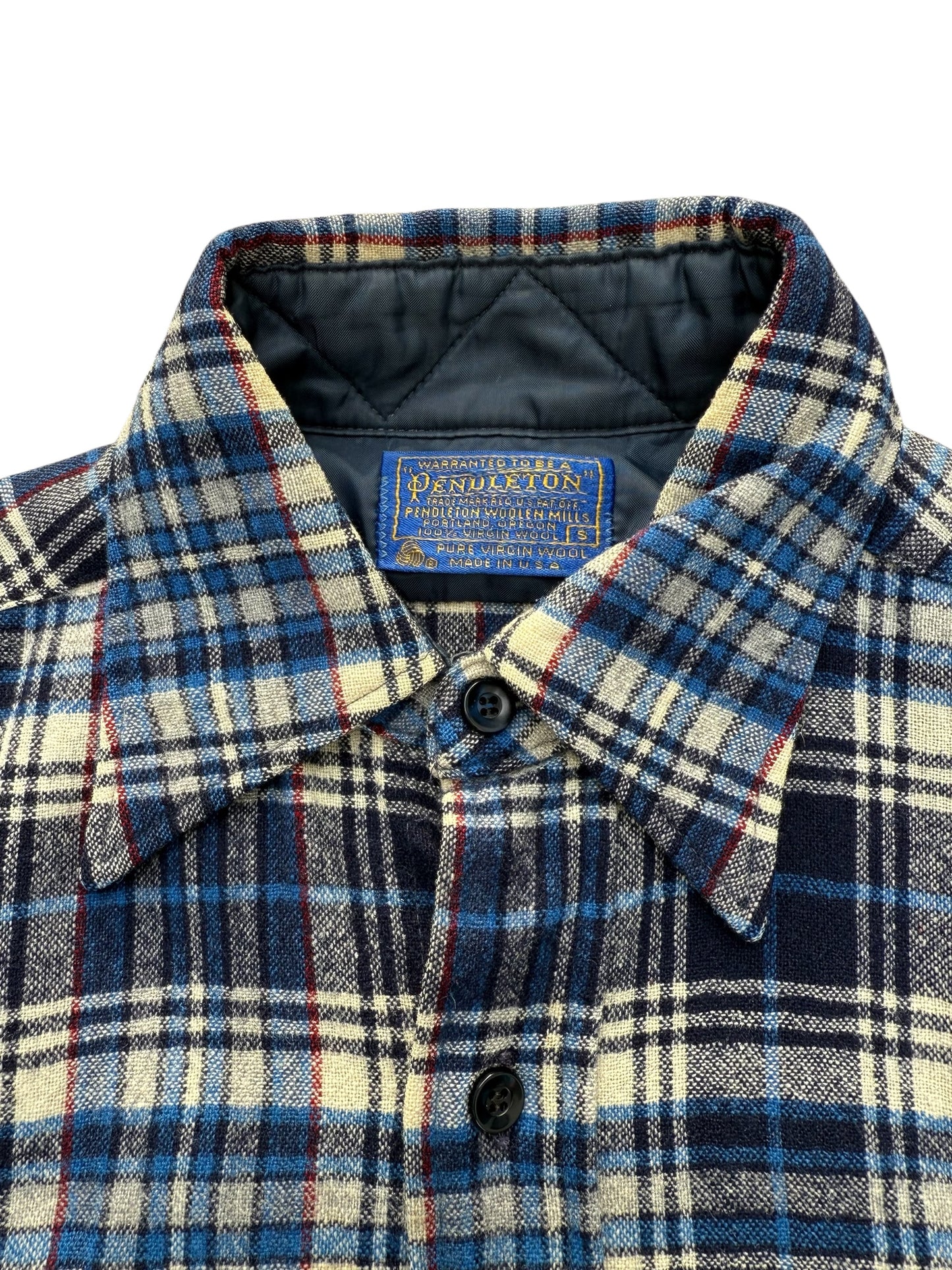 Vintage Pendleton Wool Plaid Shirt Navy Blue Cream USA Made
