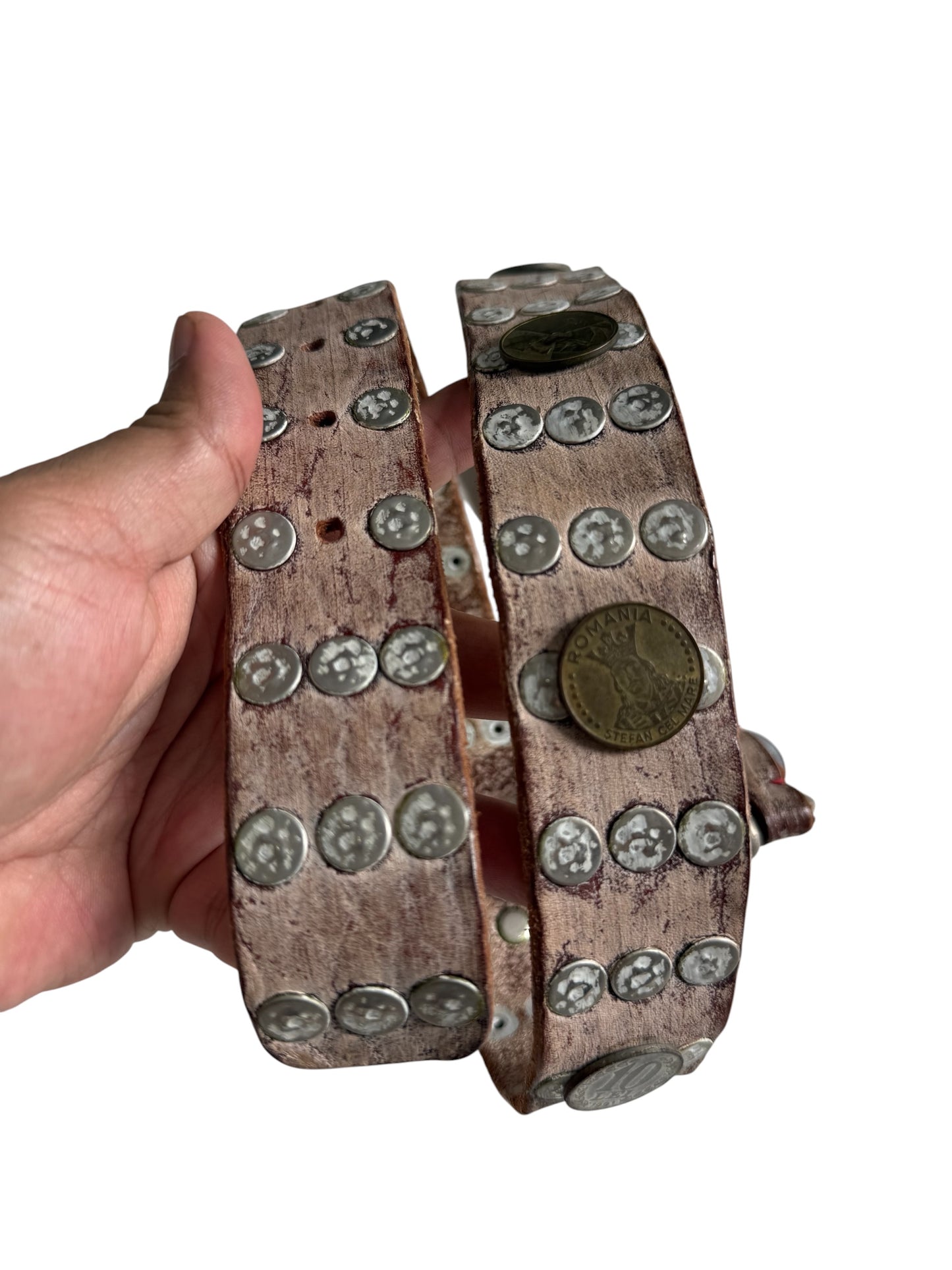 Handmade Distressed Leather Coin Studded Belt Mixed European Coins