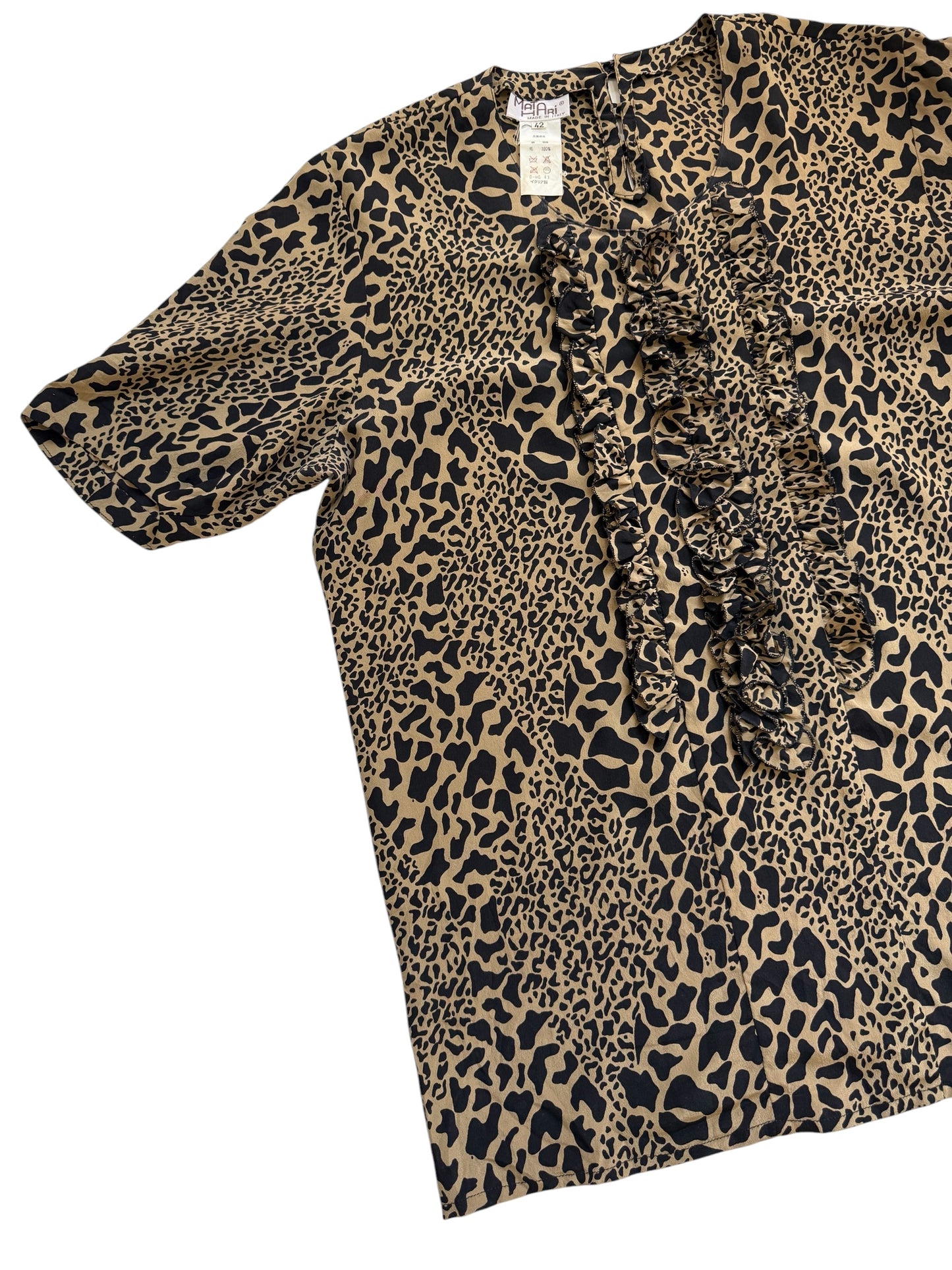 Vintage Mata Hari Leopard Silk Wool Ruffle Blouse Made In Italy