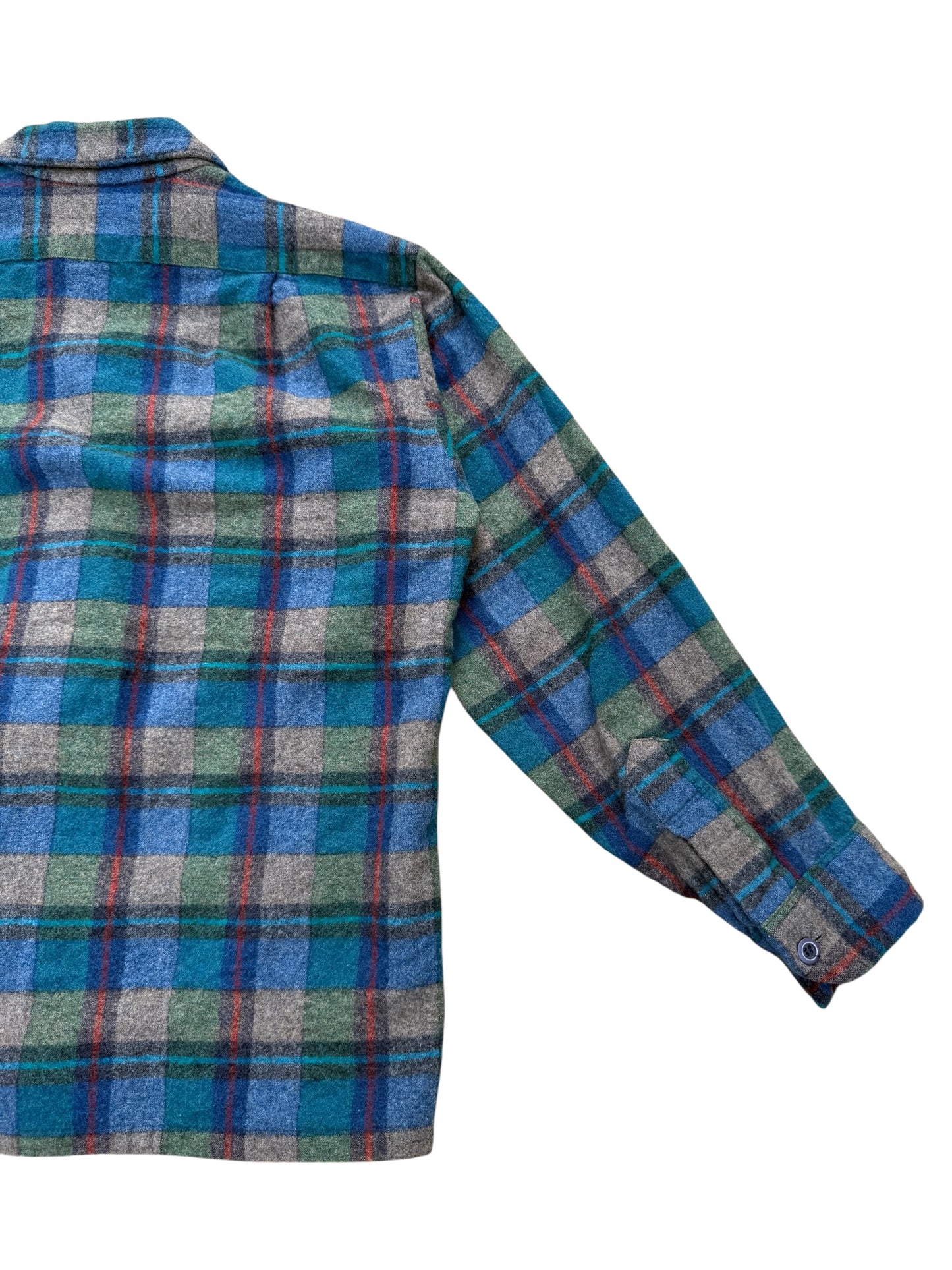 Vintage 1950s-60s Pendleton Wool Shirt Blue Green Plaid Loop Collar USA Made