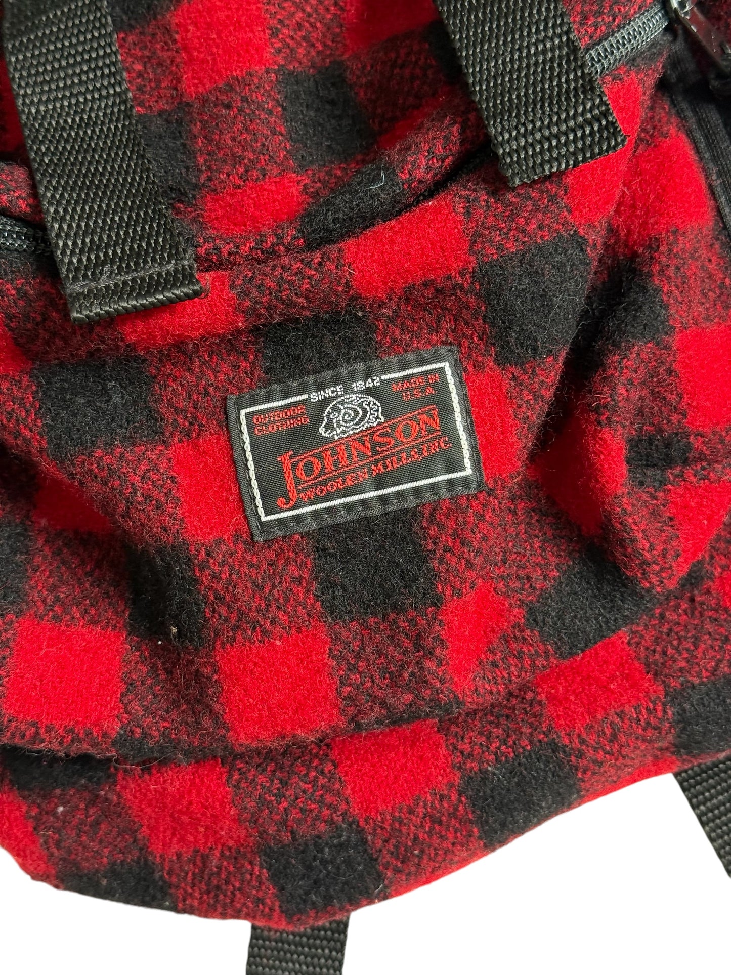 Vintage Johnson Woolen Mills Buffalo Plaid Wool Backpack Made in USA