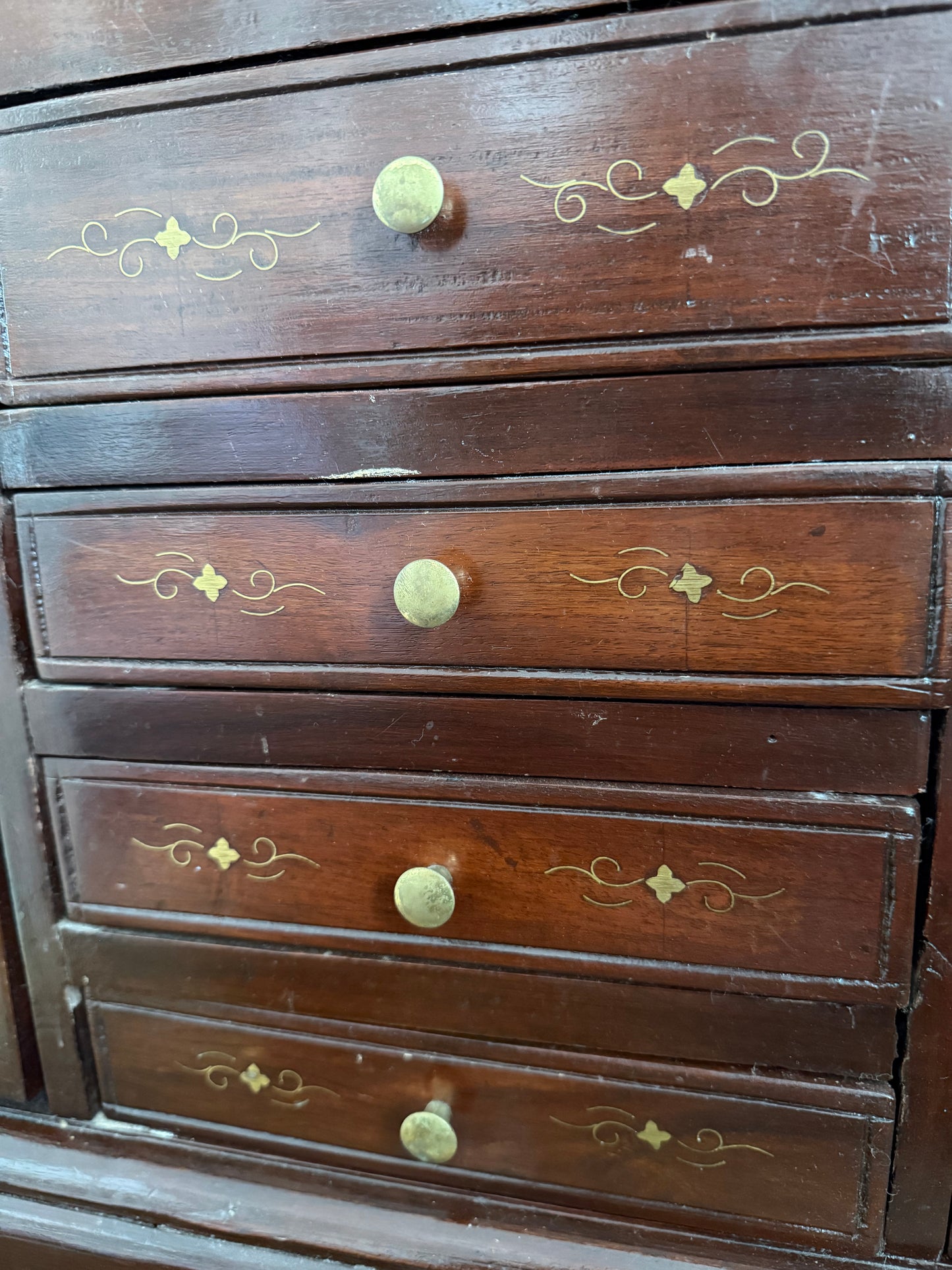 Vintage Hand Carved Wooden Jewelry Cabinet Brass Inlay Velvet Lined Chest