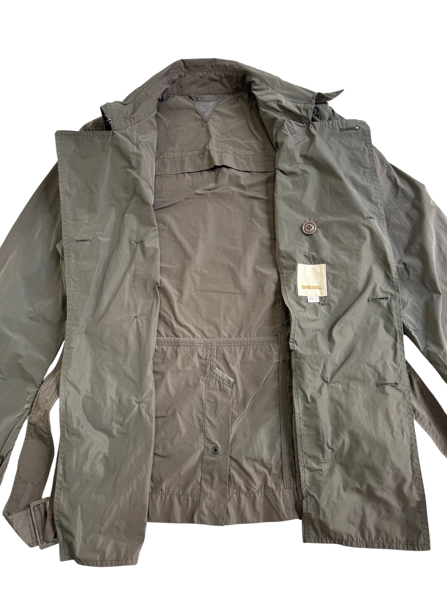 Diesel Lightweight Belted Trench Jacket Military Field Coat Olive Grey