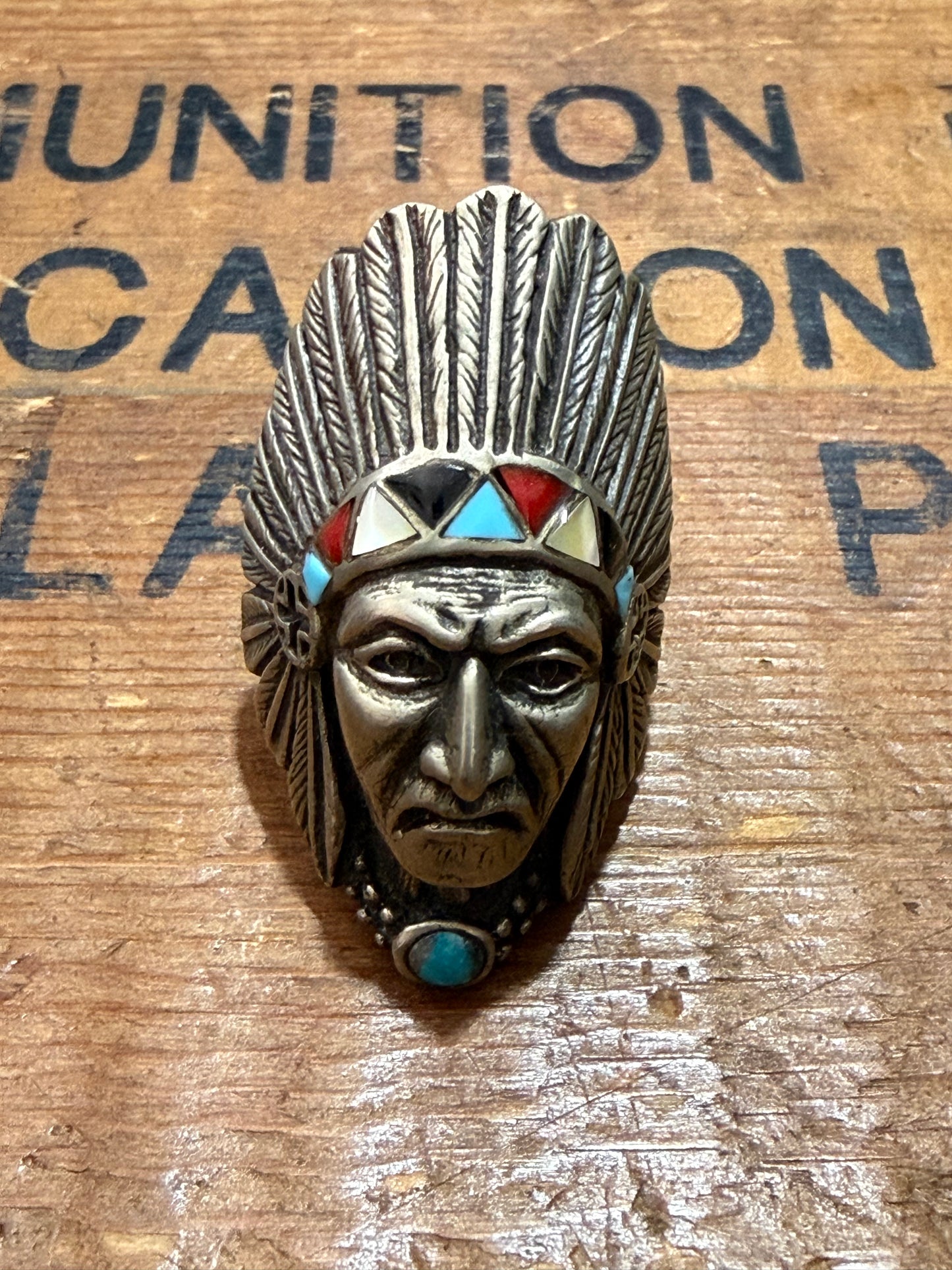 Native Chief Statement Ring Turquoise Inlay Bandana Slide