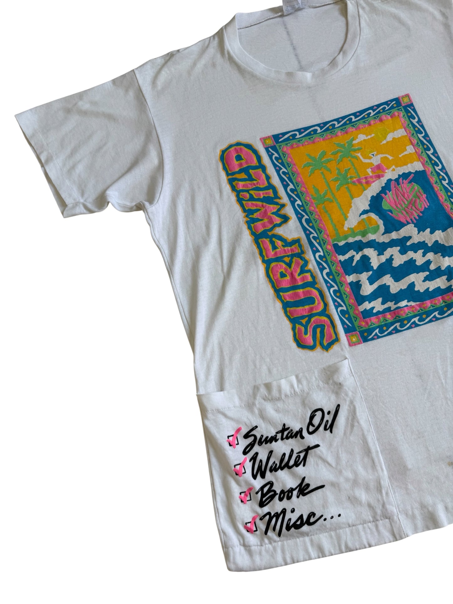 Vintage 80s 90s Surf Wild Beach Cover Up Tshirt Pocket Checklist Made In Usa
