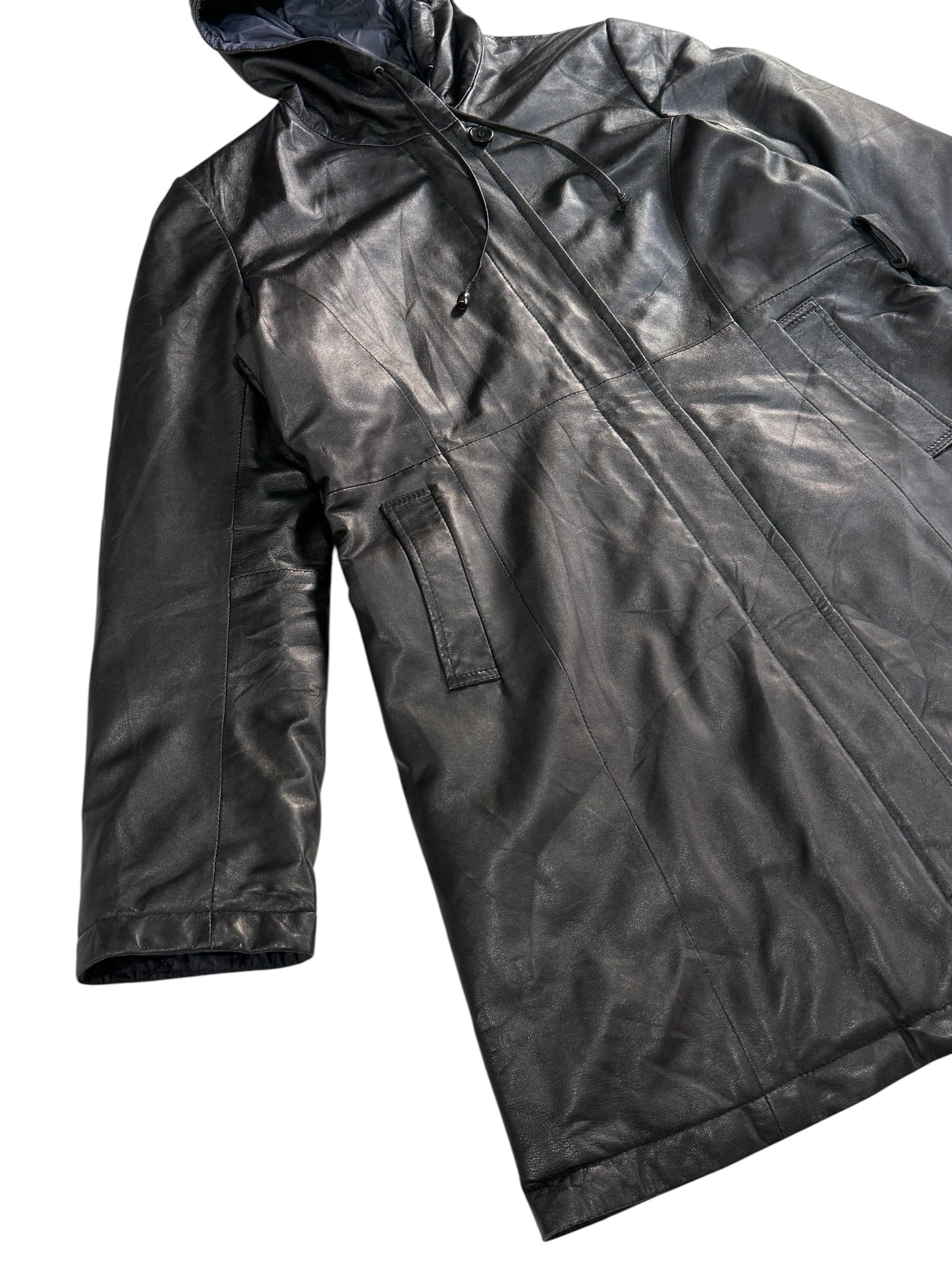 Vintage Balmain Paris Lambskin Leather Down Puffer Coat Women Hooded