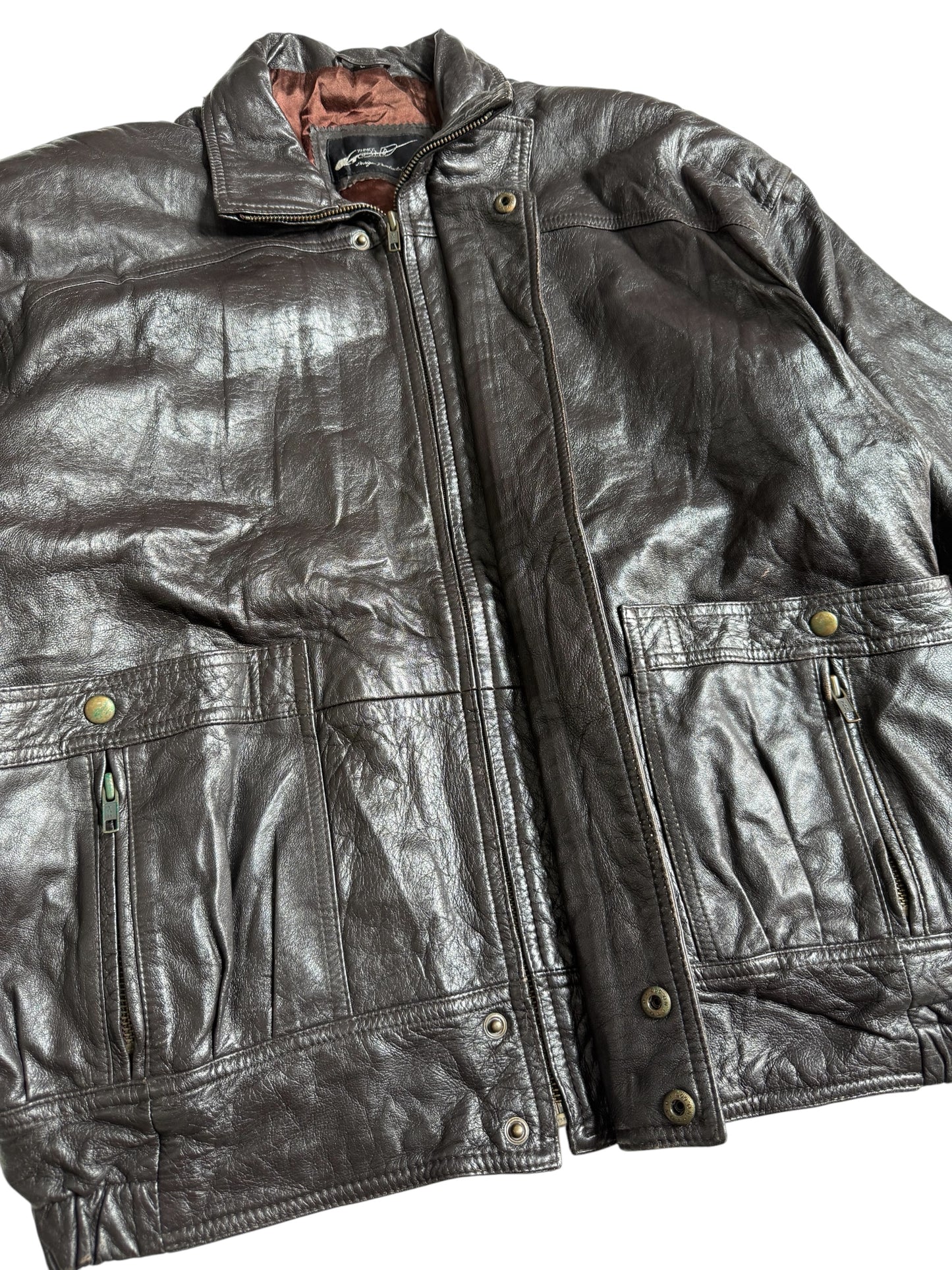 Vintage Three Gold Japan Dark Brown Leather Bomber Jacket