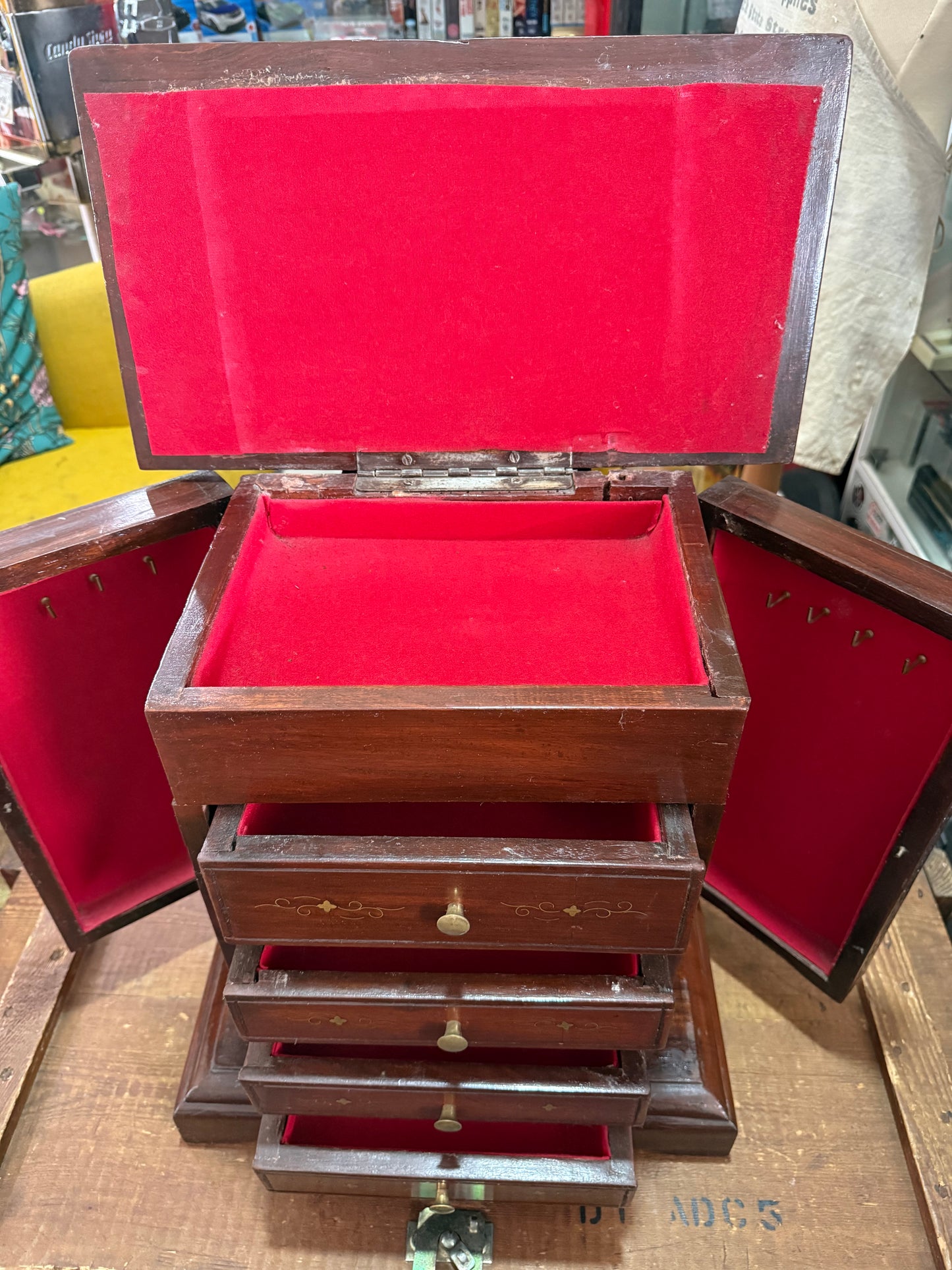 Vintage Hand Carved Wooden Jewelry Cabinet Brass Inlay Velvet Lined Chest