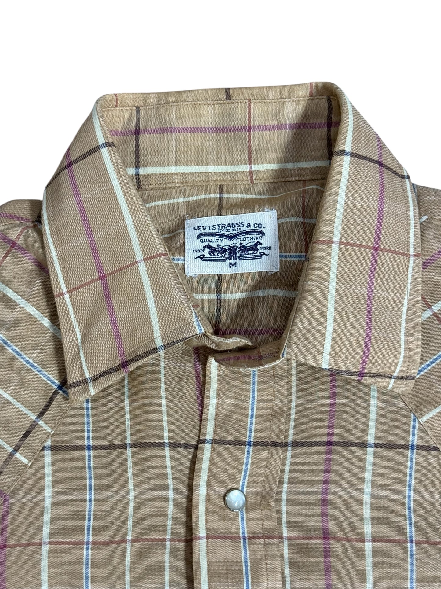Vintage 1970s-80s Levis Plaid Western Shirt Tan Pearl Snap
