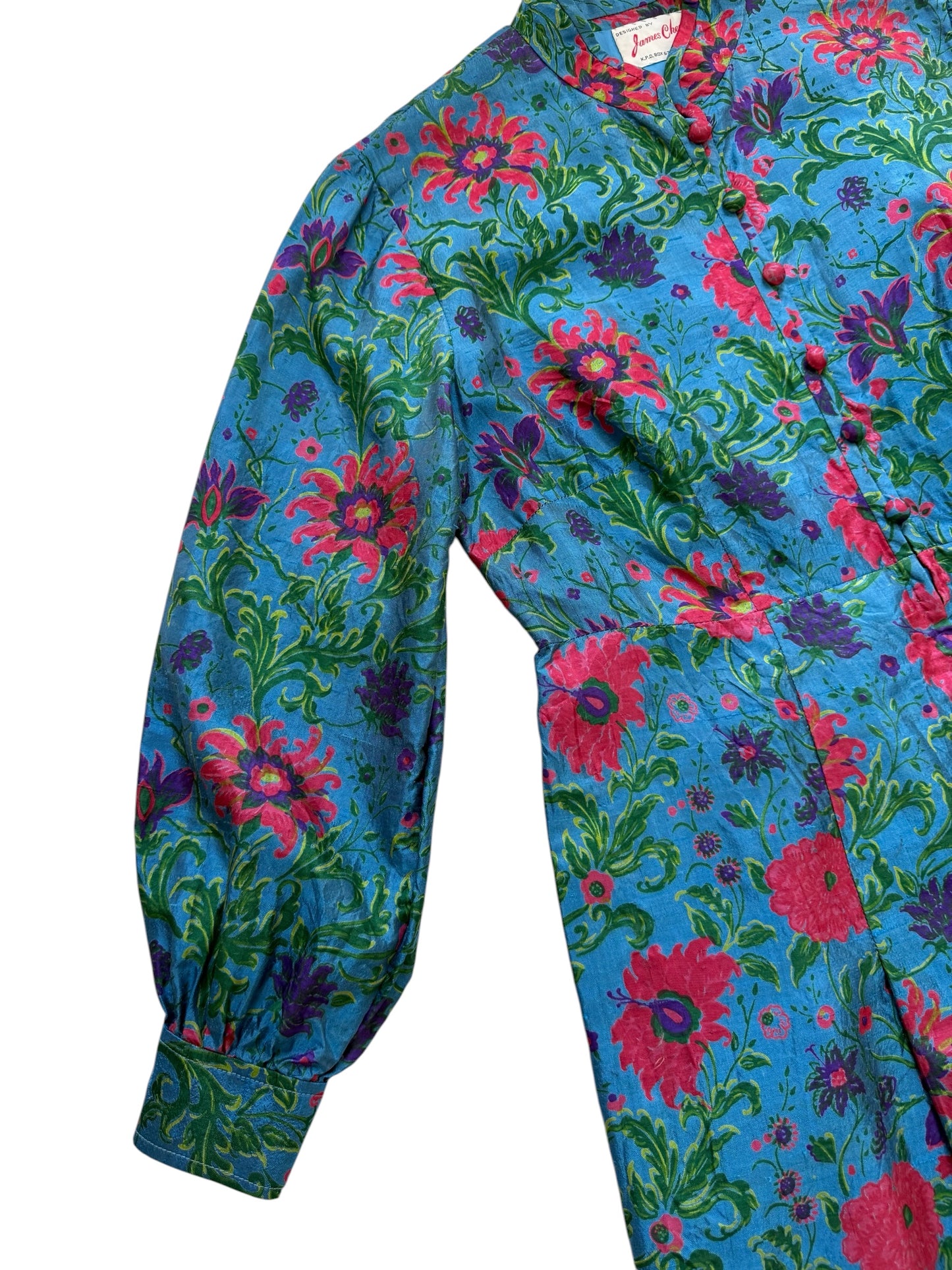 Vintage 1960s James Chen Hong Kong Blue Floral Mock Neck Midi Dress