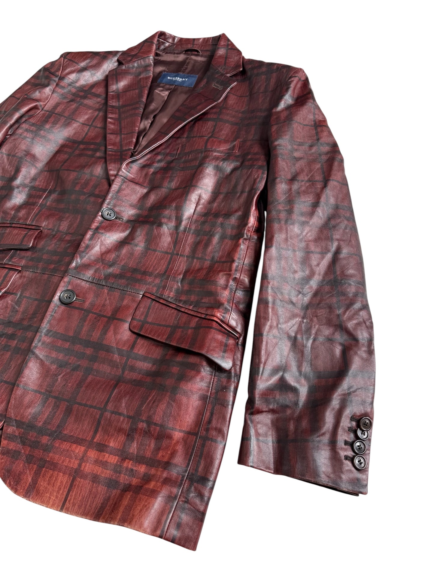 Burberry Leather Plaid Nova Check Blazer Jacket Made In Italy