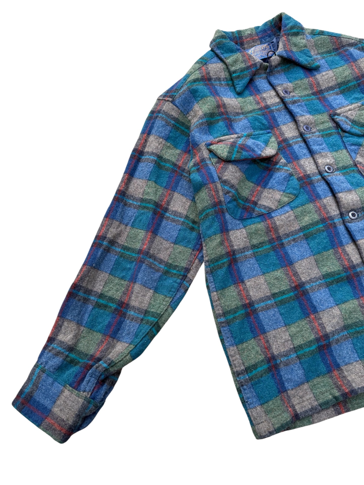 Vintage 1950s-60s Pendleton Wool Shirt Blue Green Plaid Loop Collar USA Made