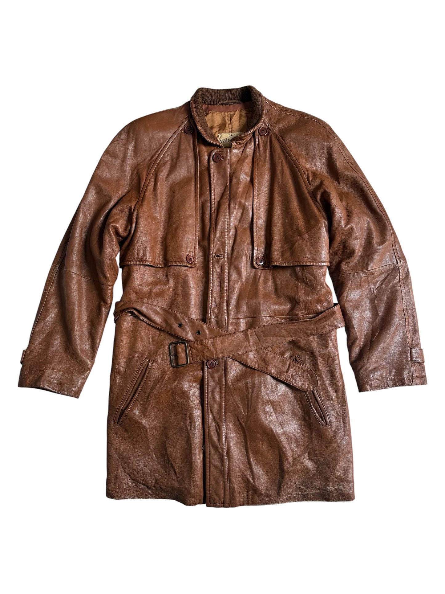 Vintage 1980s Valentino Pelle Brown Leather Belted Field Coat Made in Italy