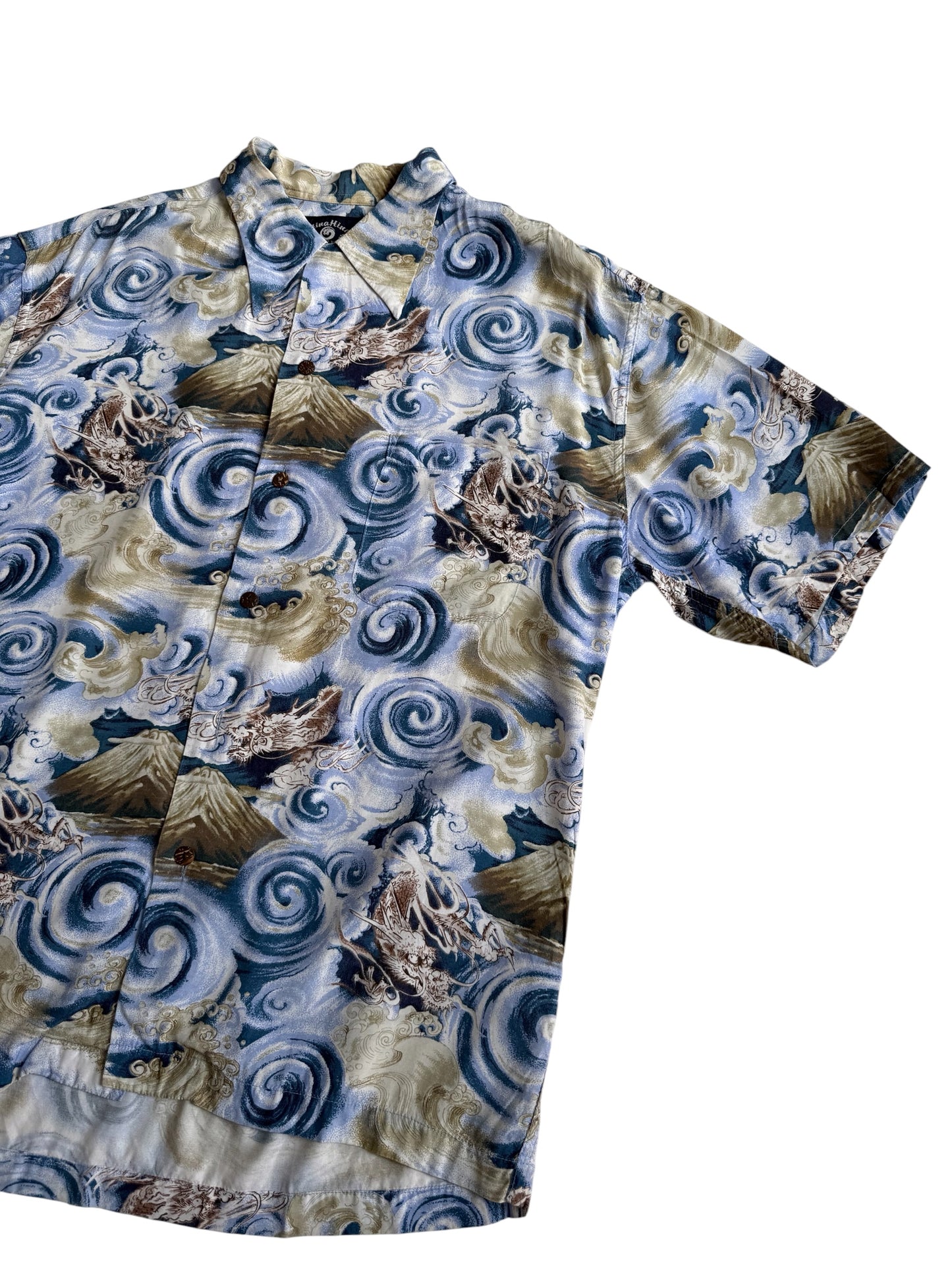 Vintage HinaHina Hawaiian Rayon Aloha Shirt Dragon Mount Fuji Wave Print
