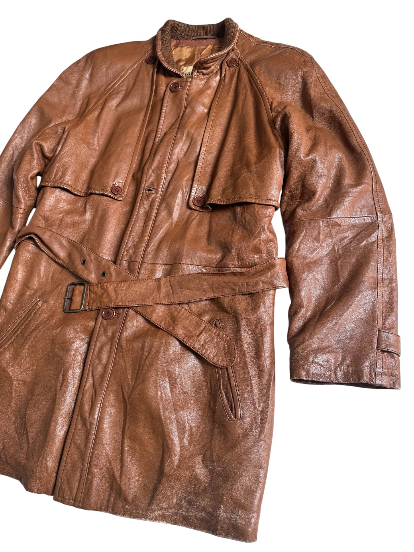Vintage 1980s Valentino Pelle Brown Leather Belted Field Coat Made in Italy