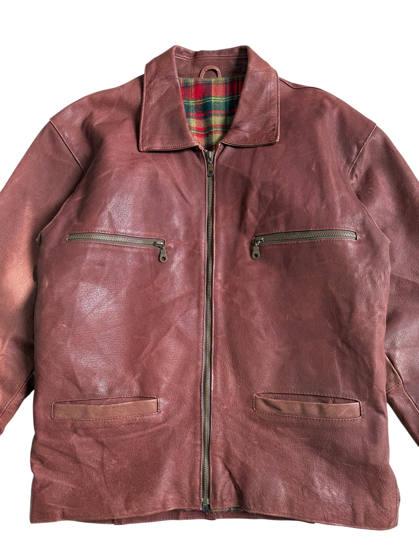 Vintage 80s 90s Mac Douglas Leather Jacket Plaid Lined Side Cinch Maroon Brown