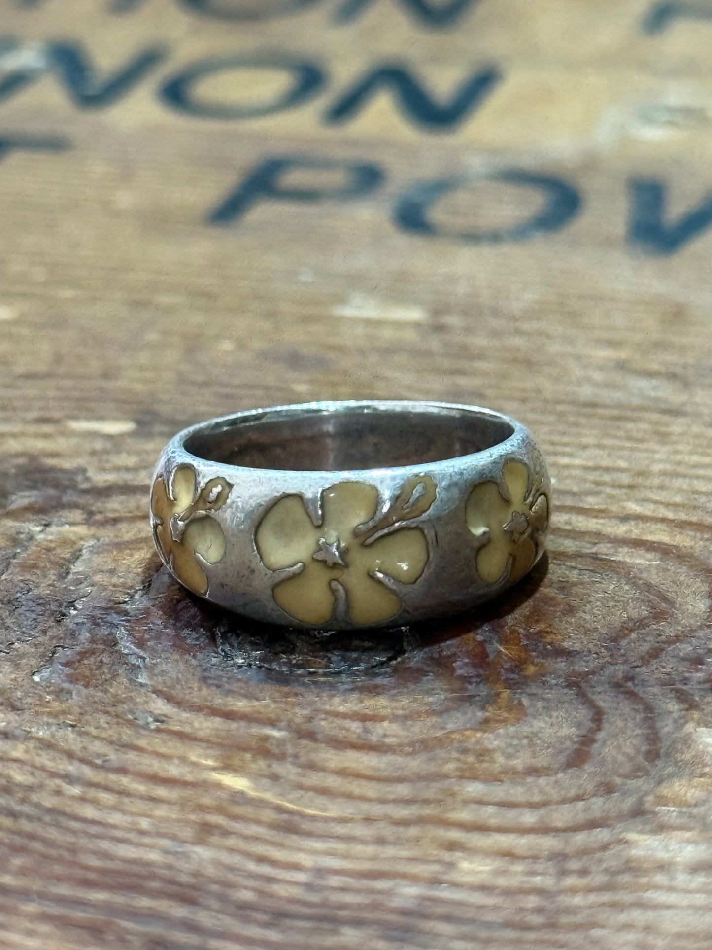 Surf Style Floral Band Ring 925 Silver Yellow Inlay