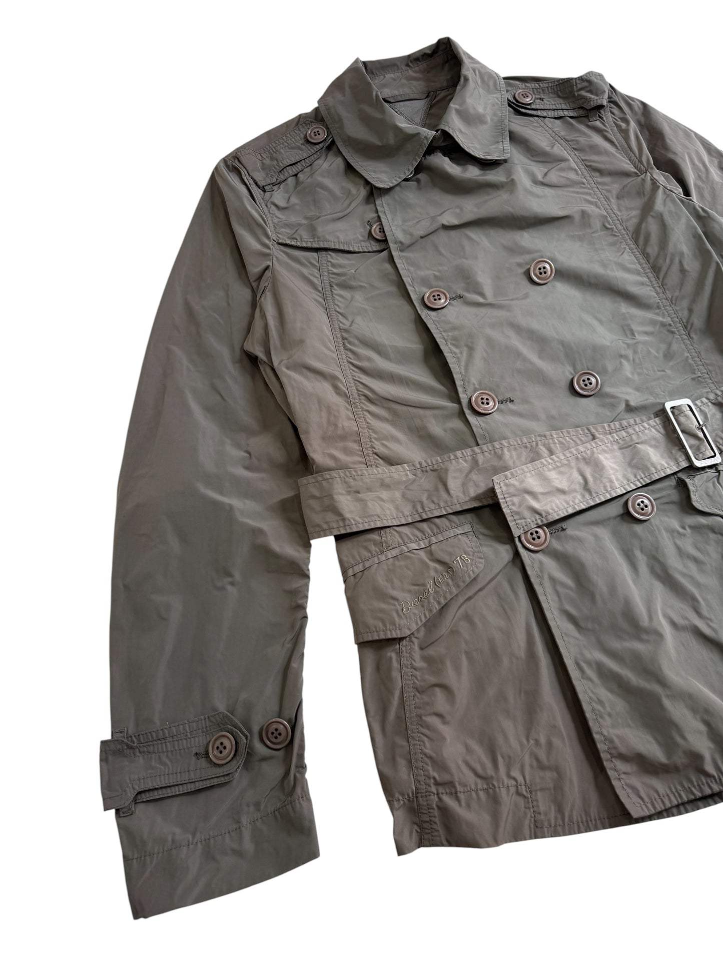 Diesel Lightweight Belted Trench Jacket Military Field Coat Olive Grey