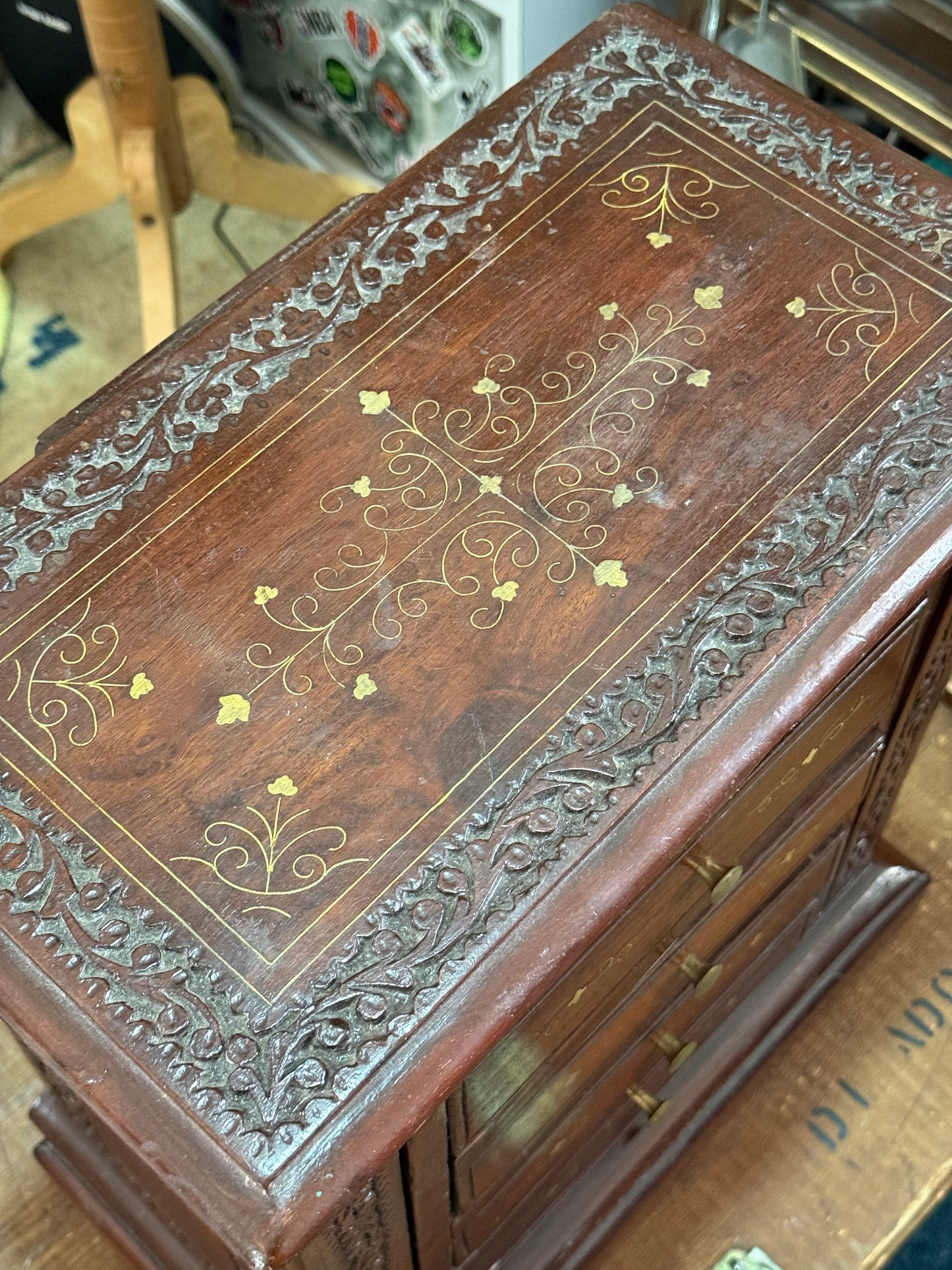 Vintage Hand Carved Wooden Jewelry Cabinet Brass Inlay Velvet Lined Chest