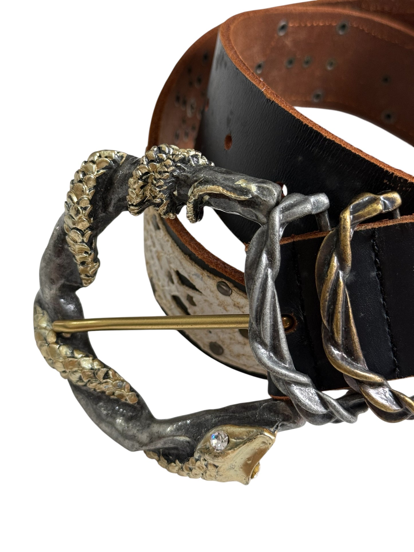 Vintage Designer Leather Belt Snake Buckle Exotic Embossed Leather Studded Gothic