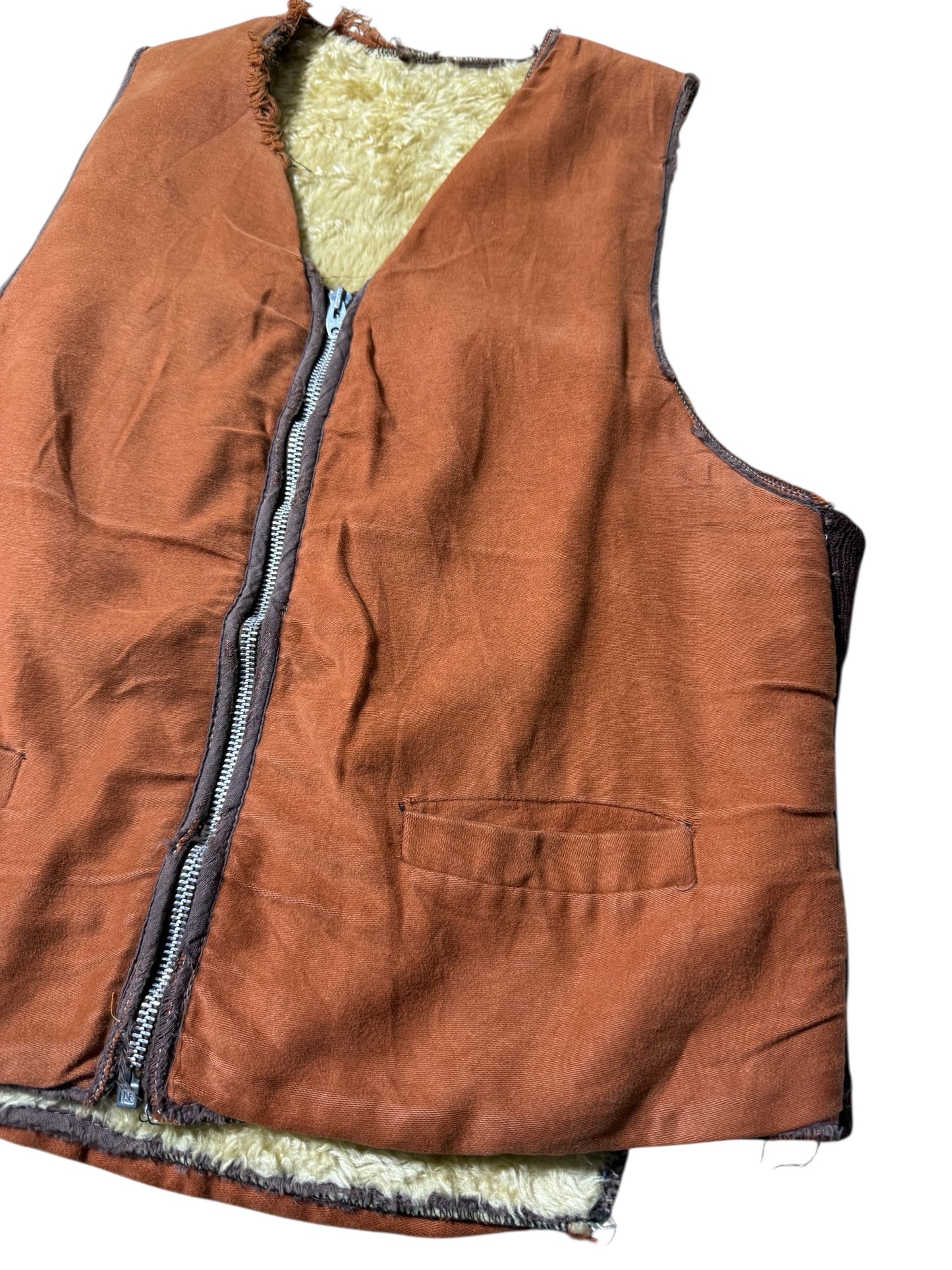 Vintage Shearling Lined Workwear Vest 1950s 1960s Brown Zip Front