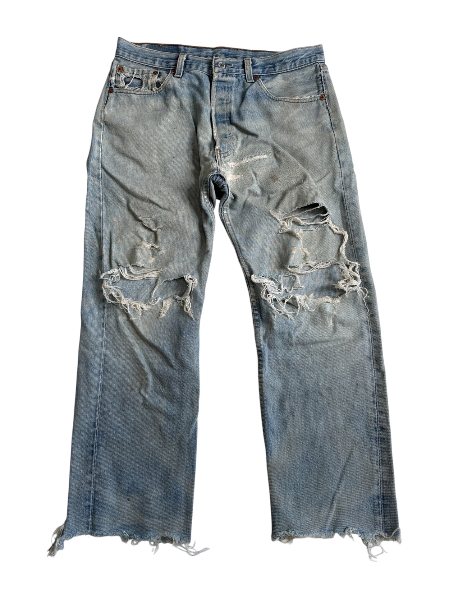 Vintage Levis 501XX Distressed Cropped Jeans Made in USA Light Wash Denim