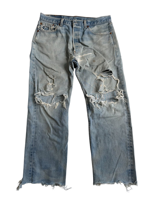 Vintage Levis 501XX Distressed Cropped Jeans Made in USA Light Wash Denim