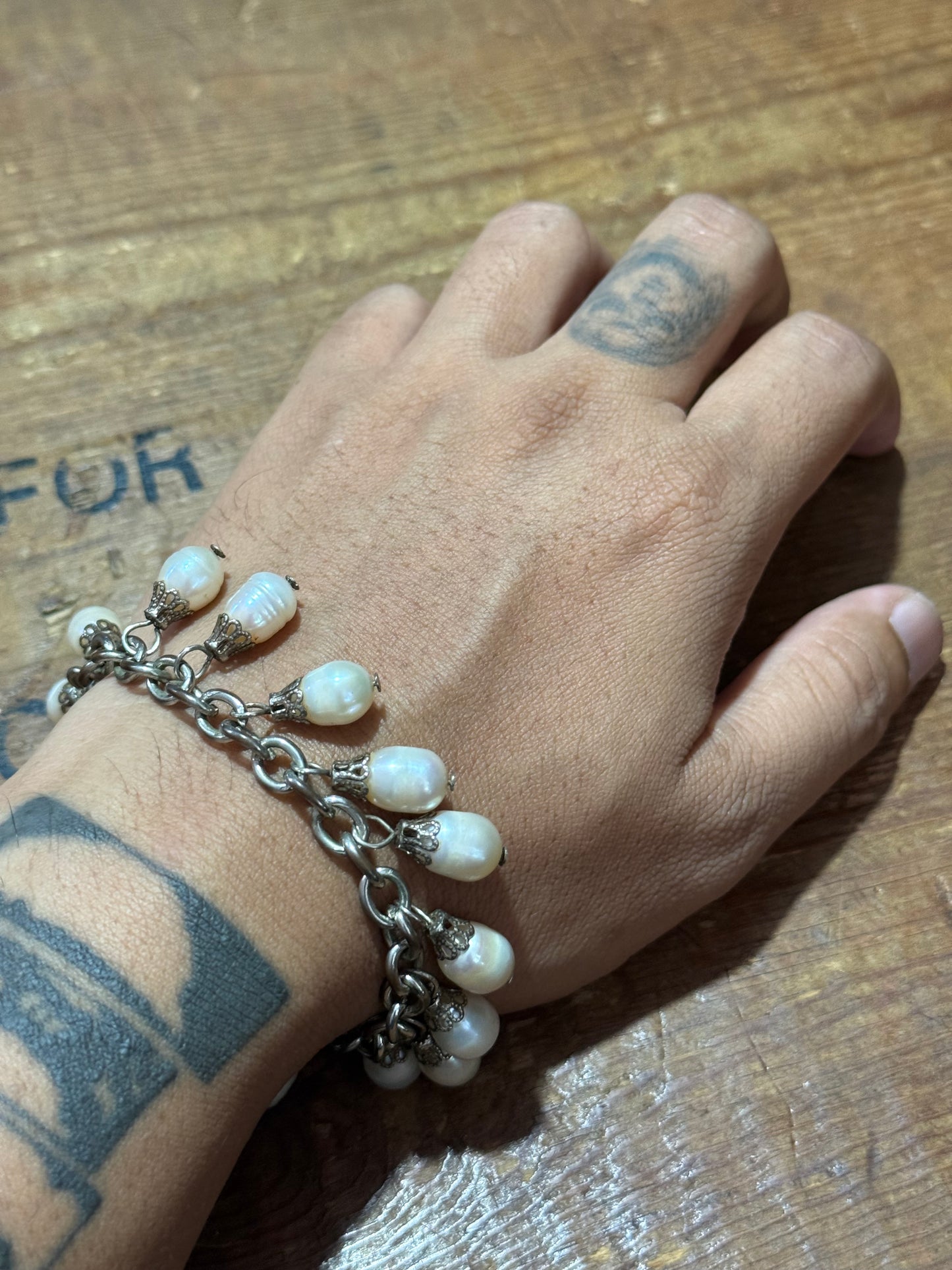 Vintage Pearl Charm Bracelet Sterling Silver Chain Dangle