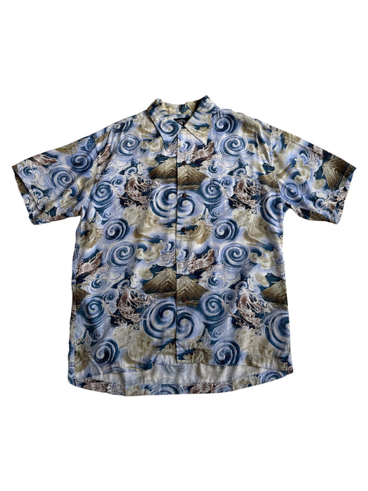 Vintage HinaHina Hawaiian Rayon Aloha Shirt Dragon Mount Fuji Wave Print