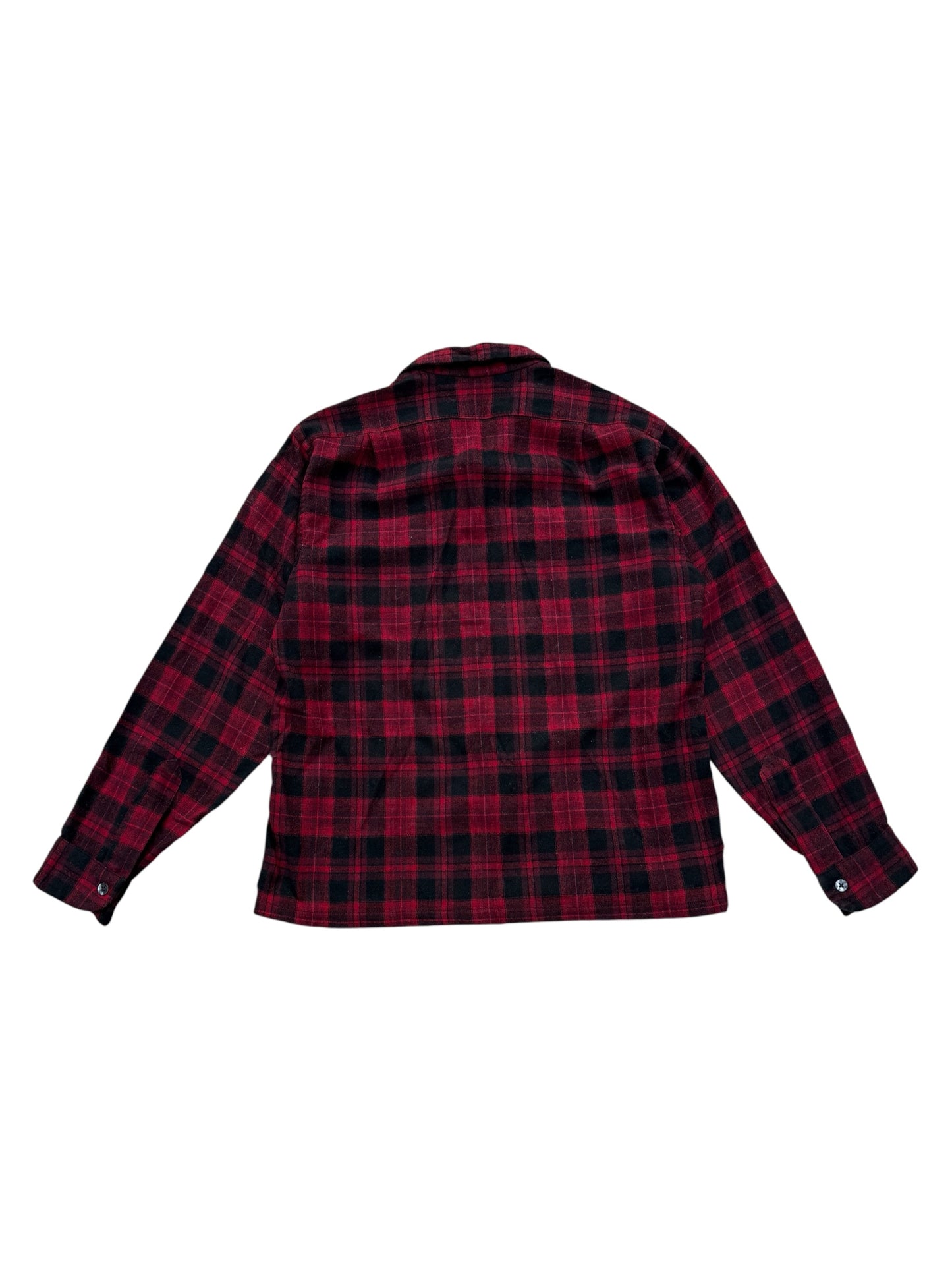 Vintage 1960s–70s Pendleton Red Black Plaid Virgin Wool Loop Collar Shirt Jacket USA