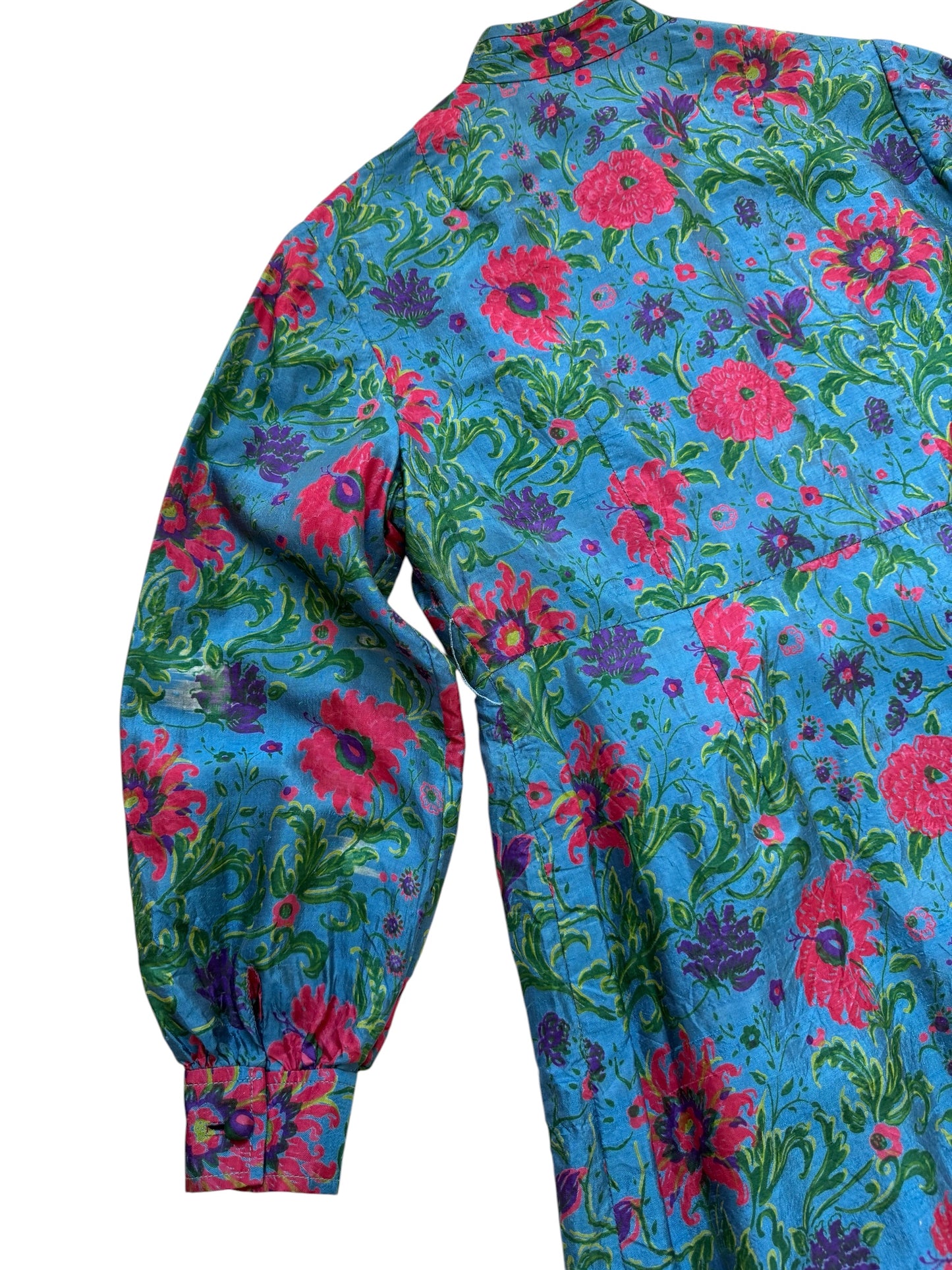 Vintage 1960s James Chen Hong Kong Blue Floral Mock Neck Midi Dress