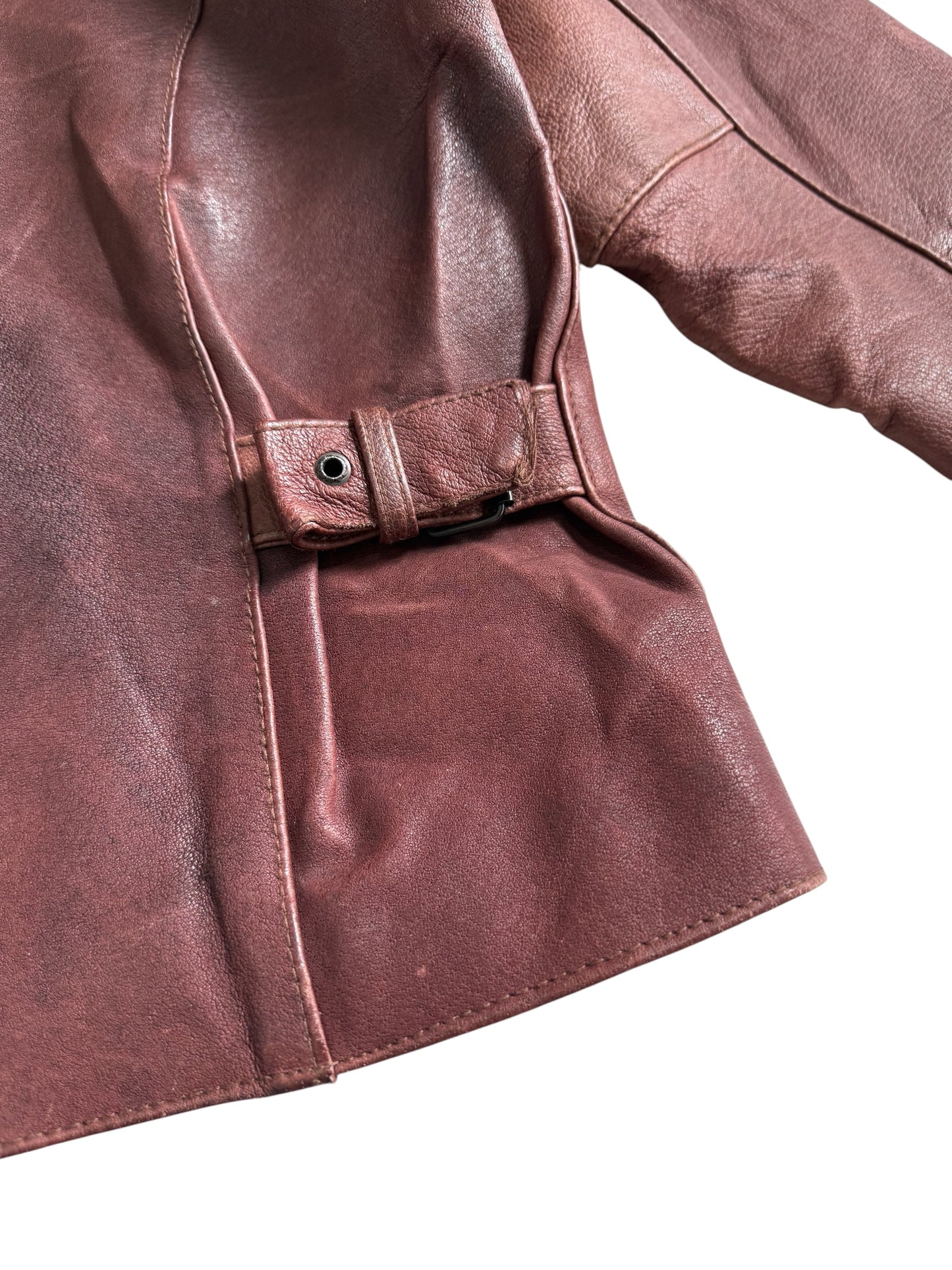 Vintage 80s 90s Mac Douglas Leather Jacket Plaid Lined Side Cinch Maroon Brown