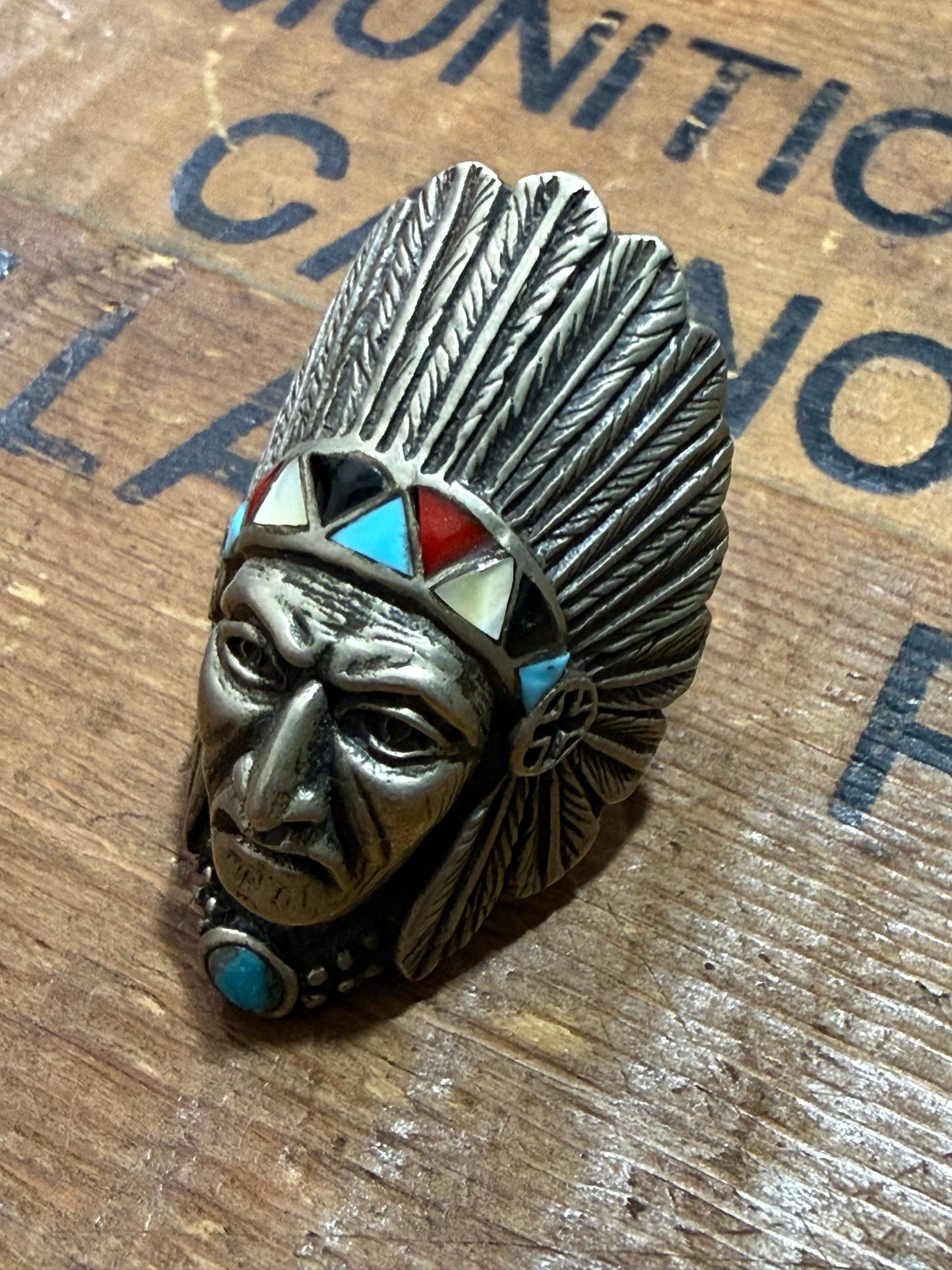 Native Chief Statement Ring Turquoise Inlay Bandana Slide