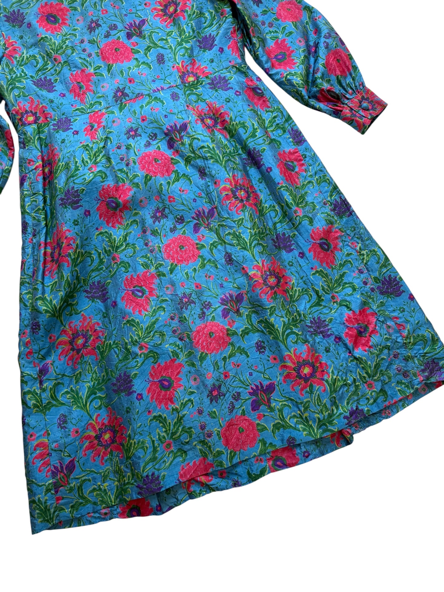 Vintage 1960s James Chen Hong Kong Blue Floral Mock Neck Midi Dress
