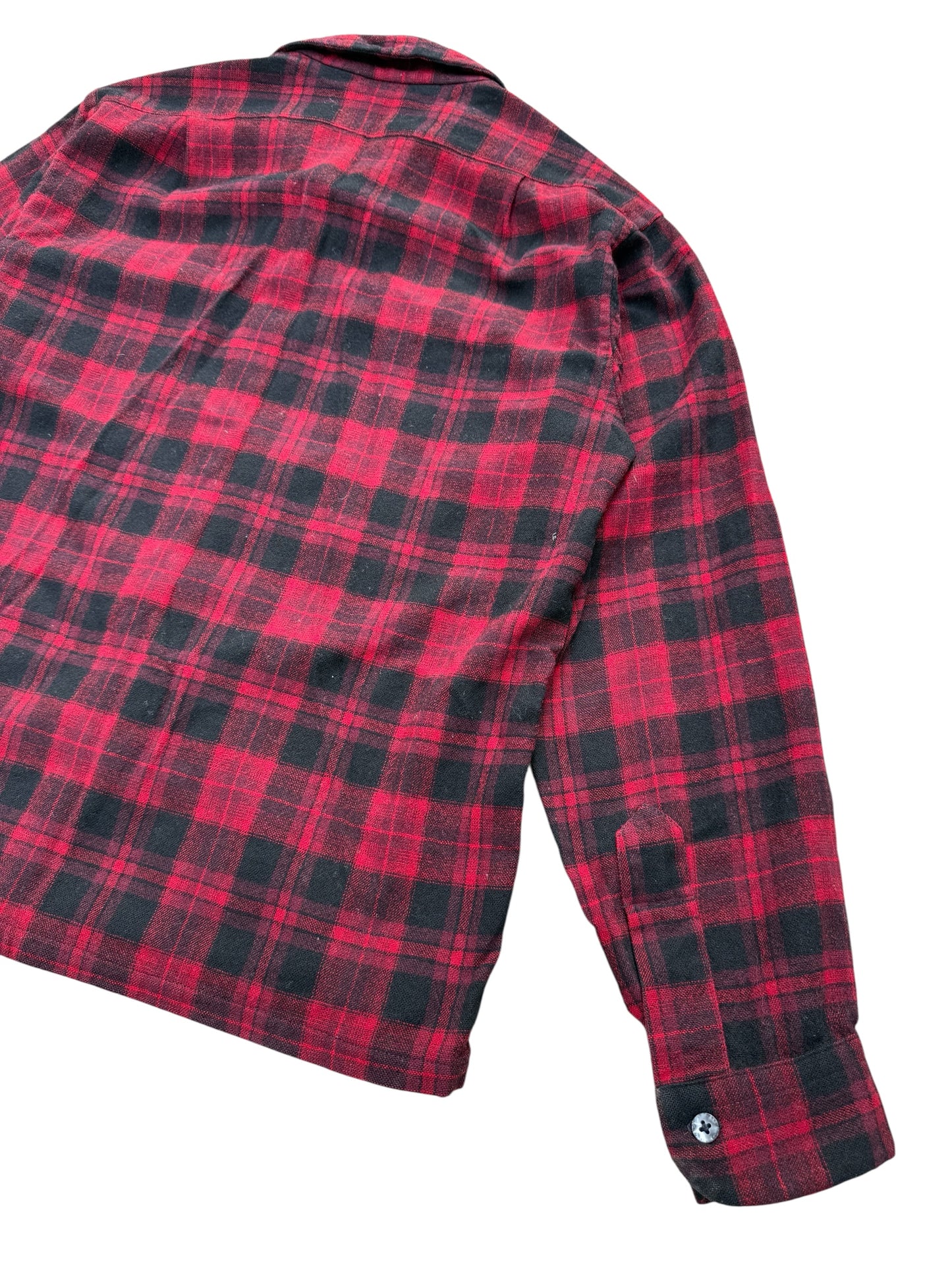 Vintage 1960s–70s Pendleton Red Black Plaid Virgin Wool Loop Collar Shirt Jacket USA