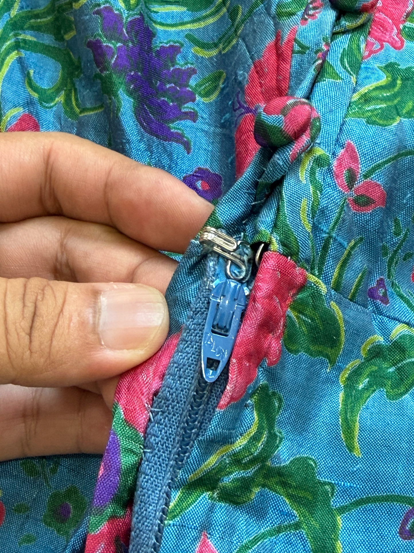 Vintage 1960s James Chen Hong Kong Blue Floral Mock Neck Midi Dress