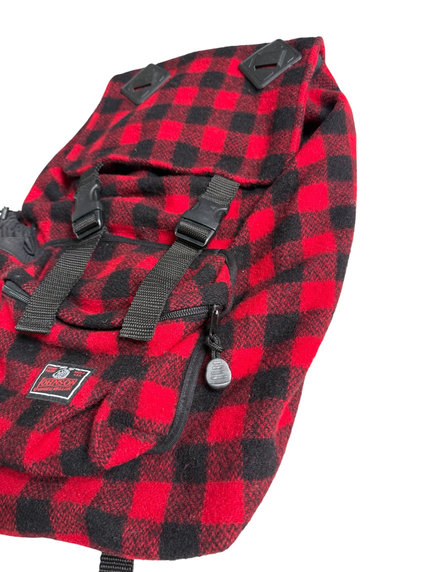 Vintage Johnson Woolen Mills Buffalo Plaid Wool Backpack Made in USA