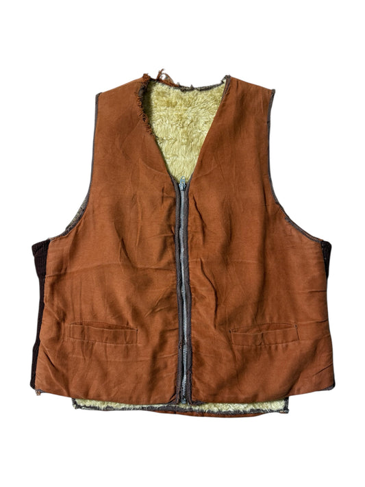 Vintage Shearling Lined Workwear Vest 1950s 1960s Brown Zip Front