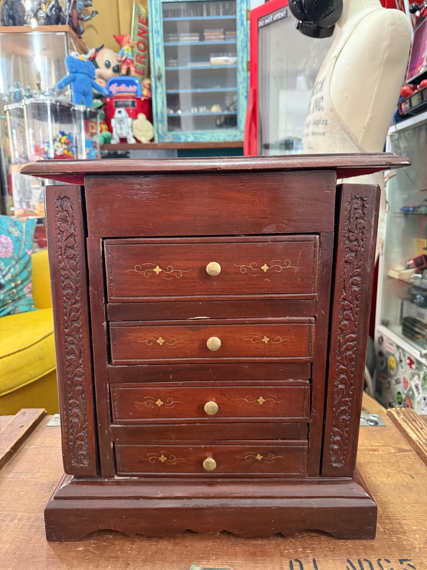 Vintage Hand Carved Wooden Jewelry Cabinet Brass Inlay Velvet Lined Chest
