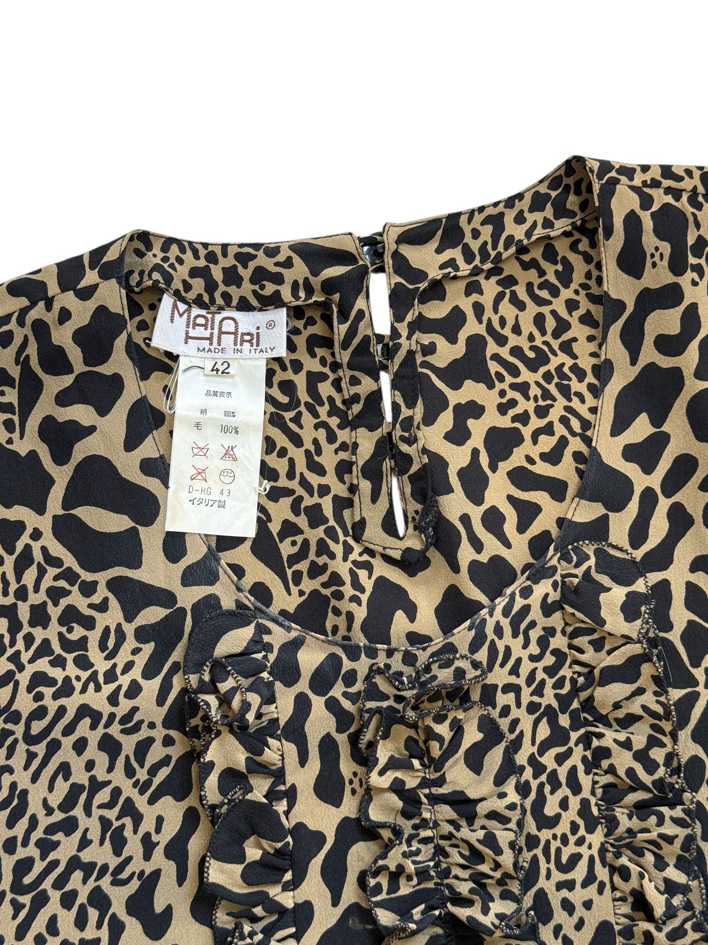Vintage Mata Hari Leopard Silk Wool Ruffle Blouse Made In Italy