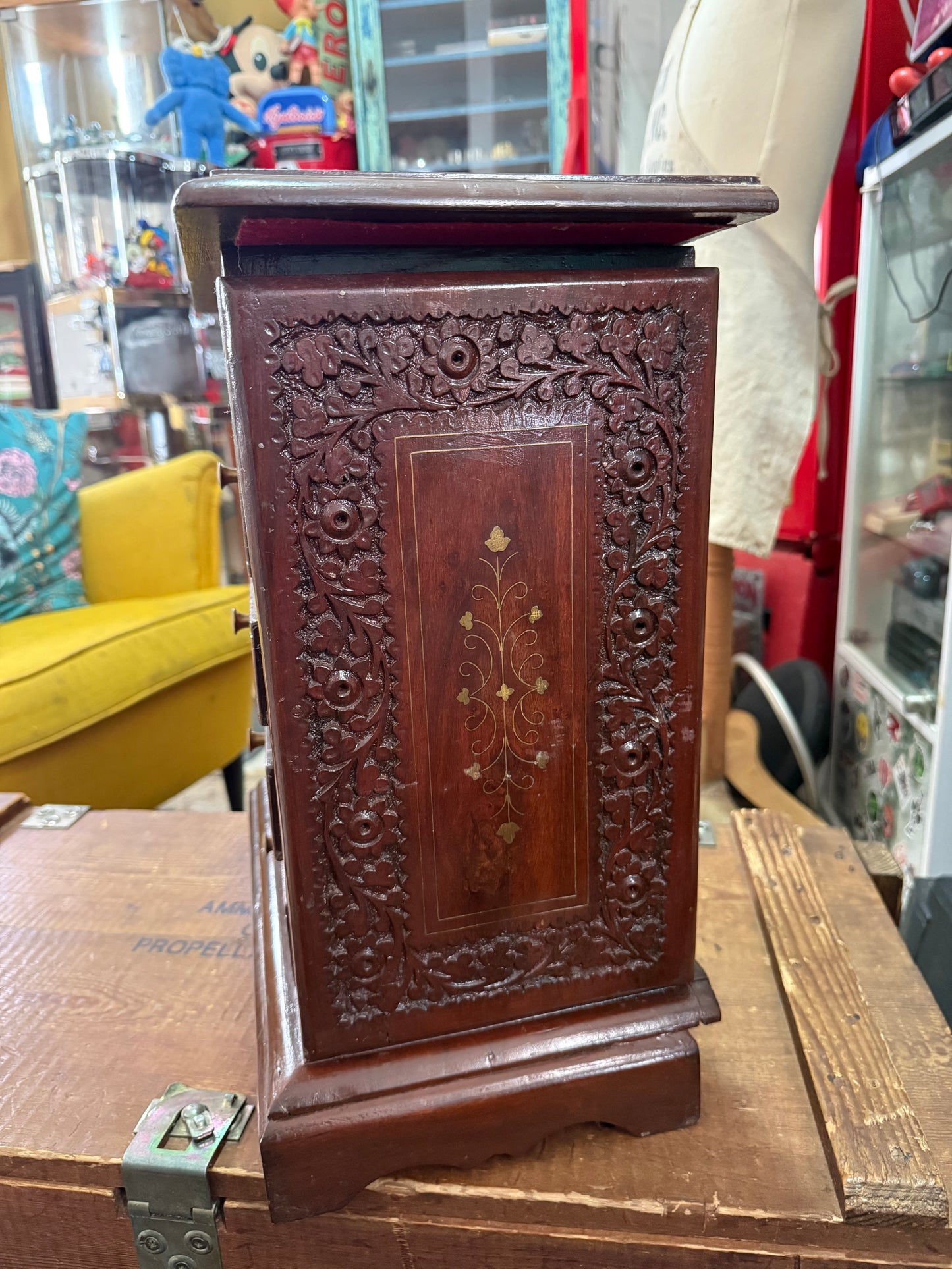 Vintage Hand Carved Wooden Jewelry Cabinet Brass Inlay Velvet Lined Chest