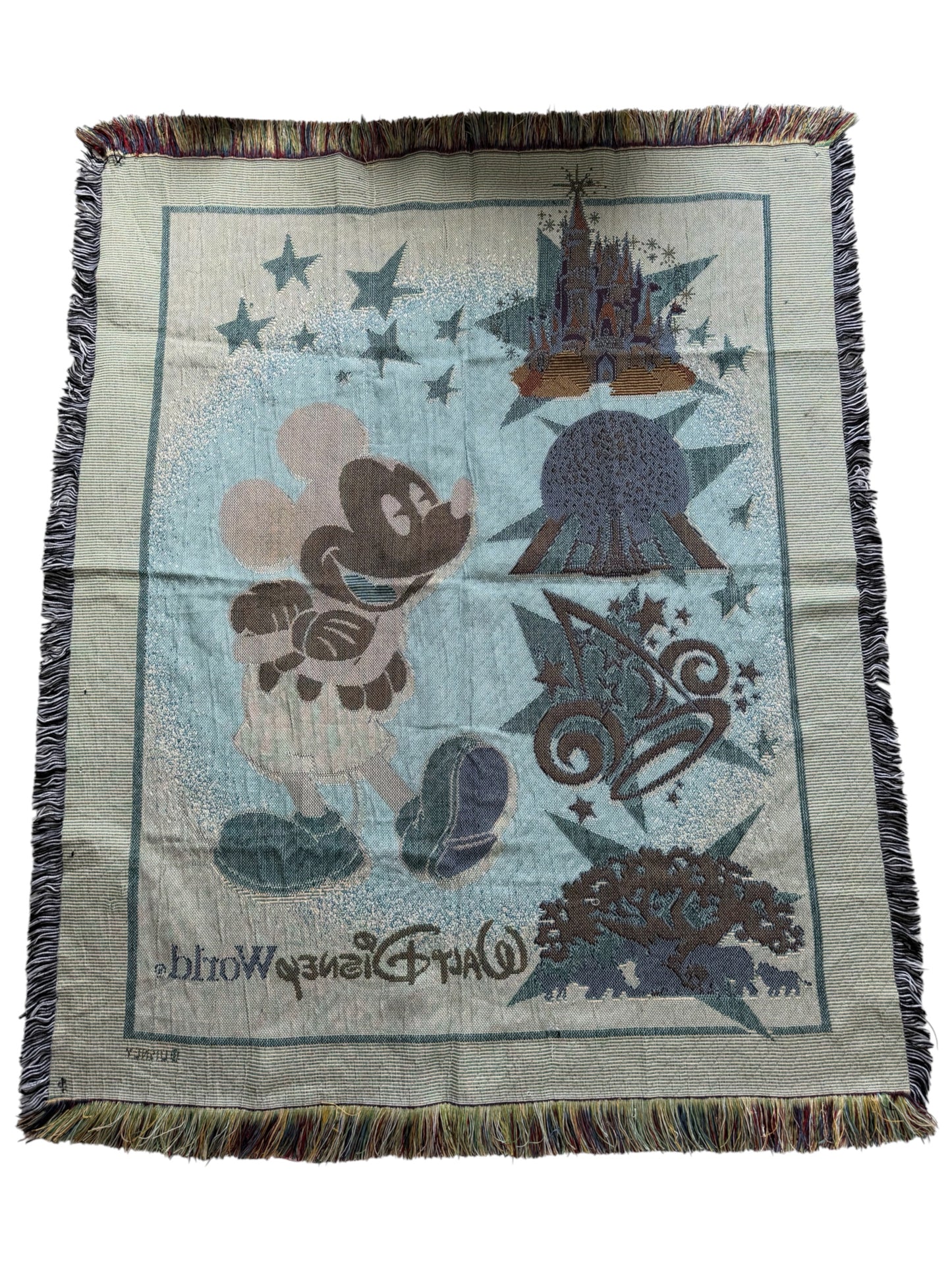 Vintage Walt Disney World Mickey Mouse Woven Throw Blanket EPCOT Castle Tapestry