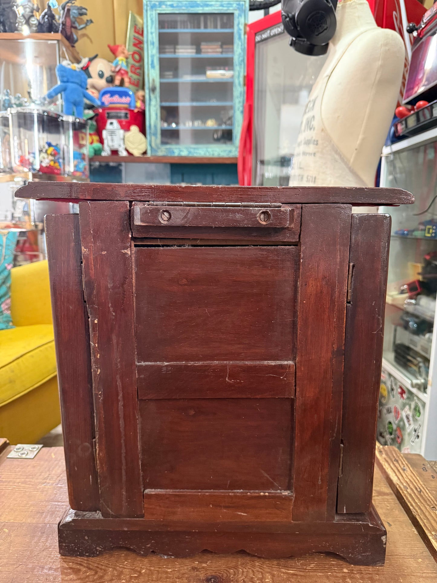 Vintage Hand Carved Wooden Jewelry Cabinet Brass Inlay Velvet Lined Chest
