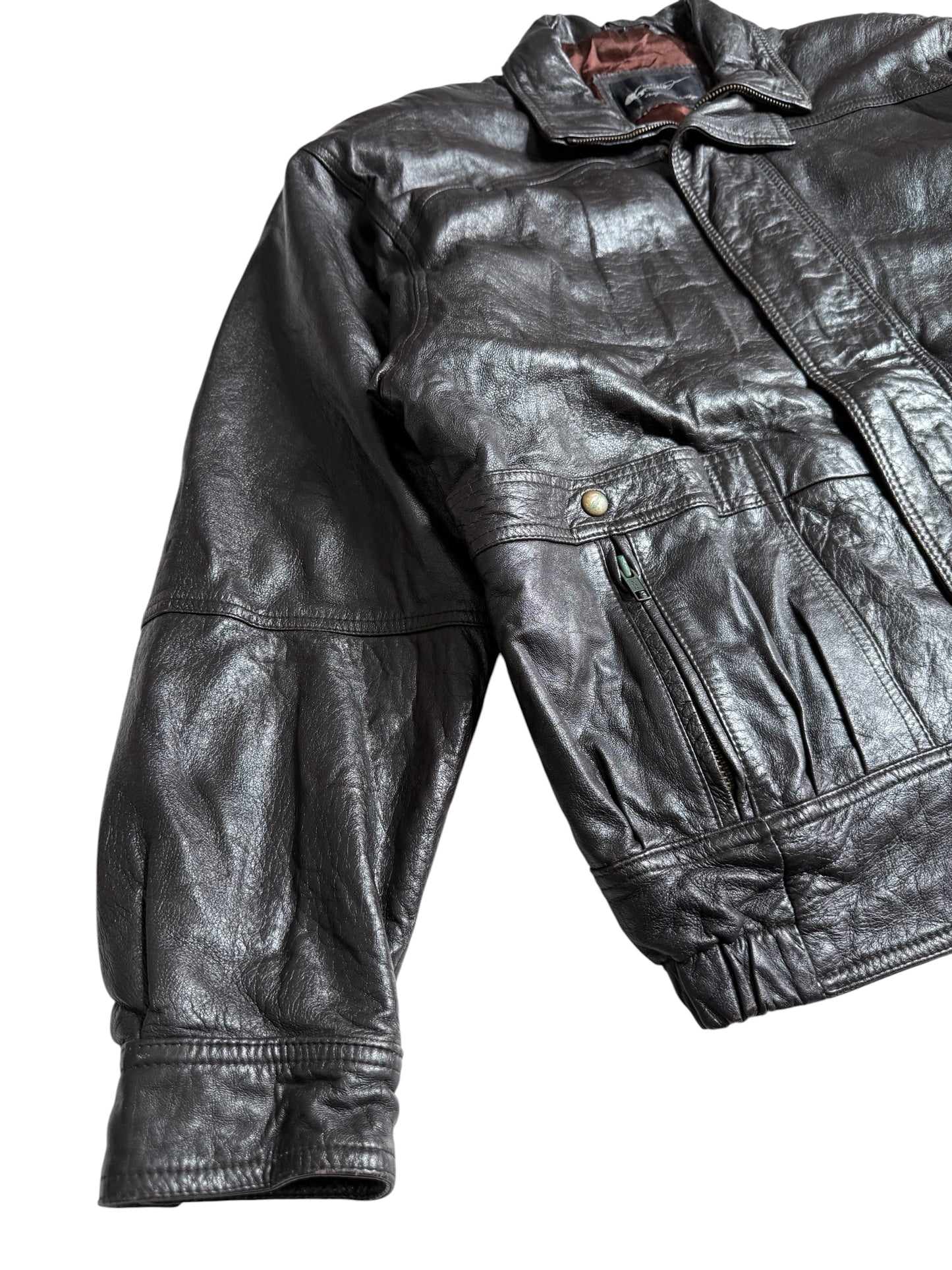 Vintage Three Gold Japan Dark Brown Leather Bomber Jacket