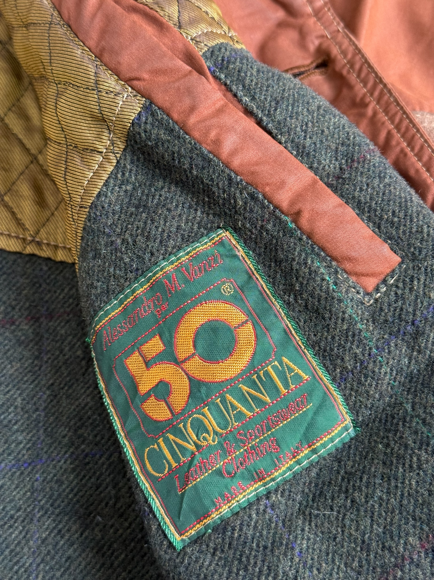 Vintage 1980s Cinquanta Leather Trim Hunting Jacket Made in Italy
